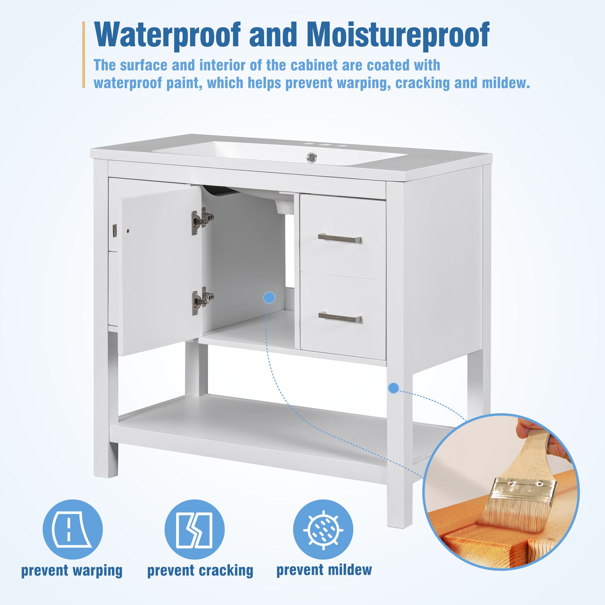 36 Inch MDF Freestanding Bathroom Vanity with Resin Basin and Drawers