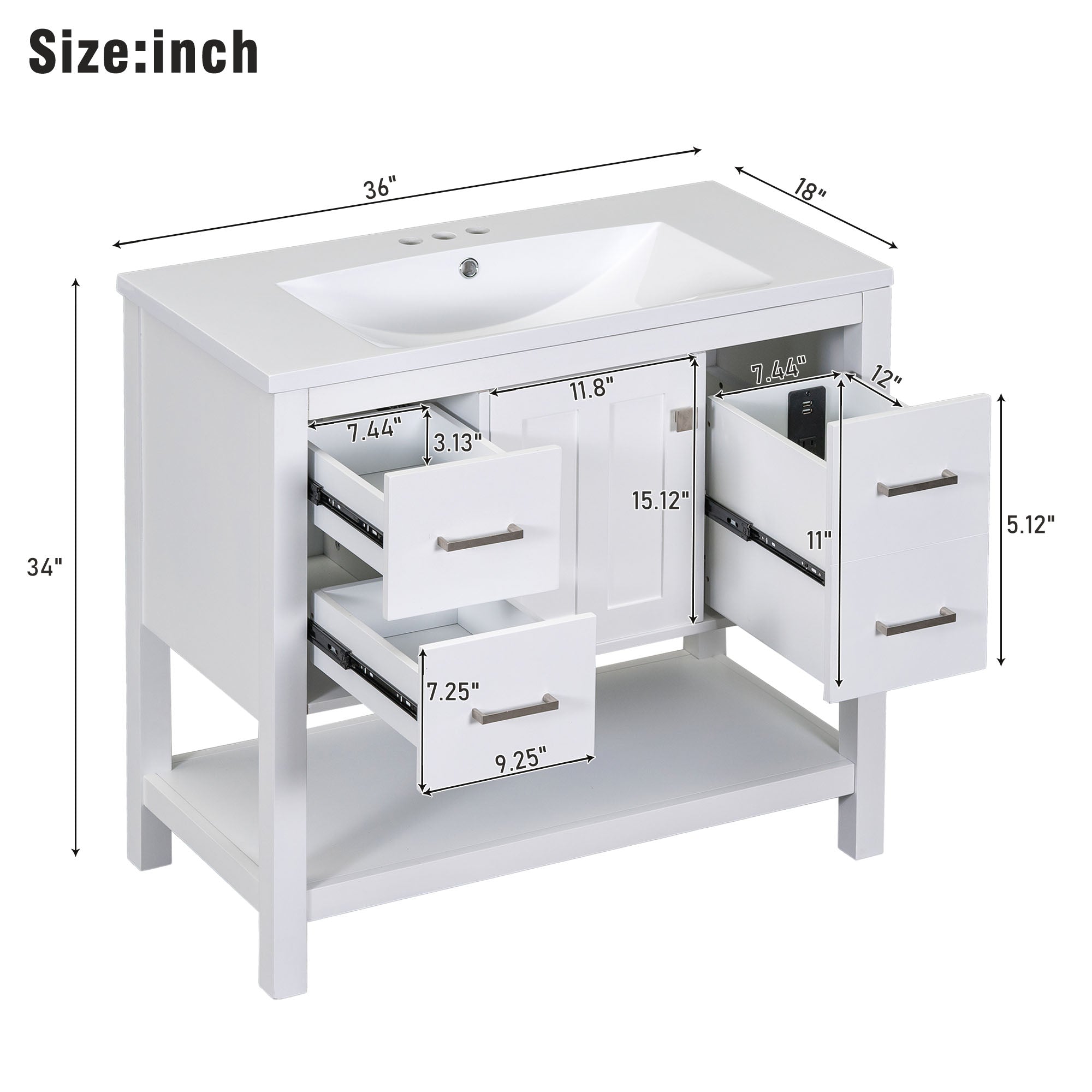 36 Inch MDF Freestanding Bathroom Vanity with Resin Basin and Drawers
