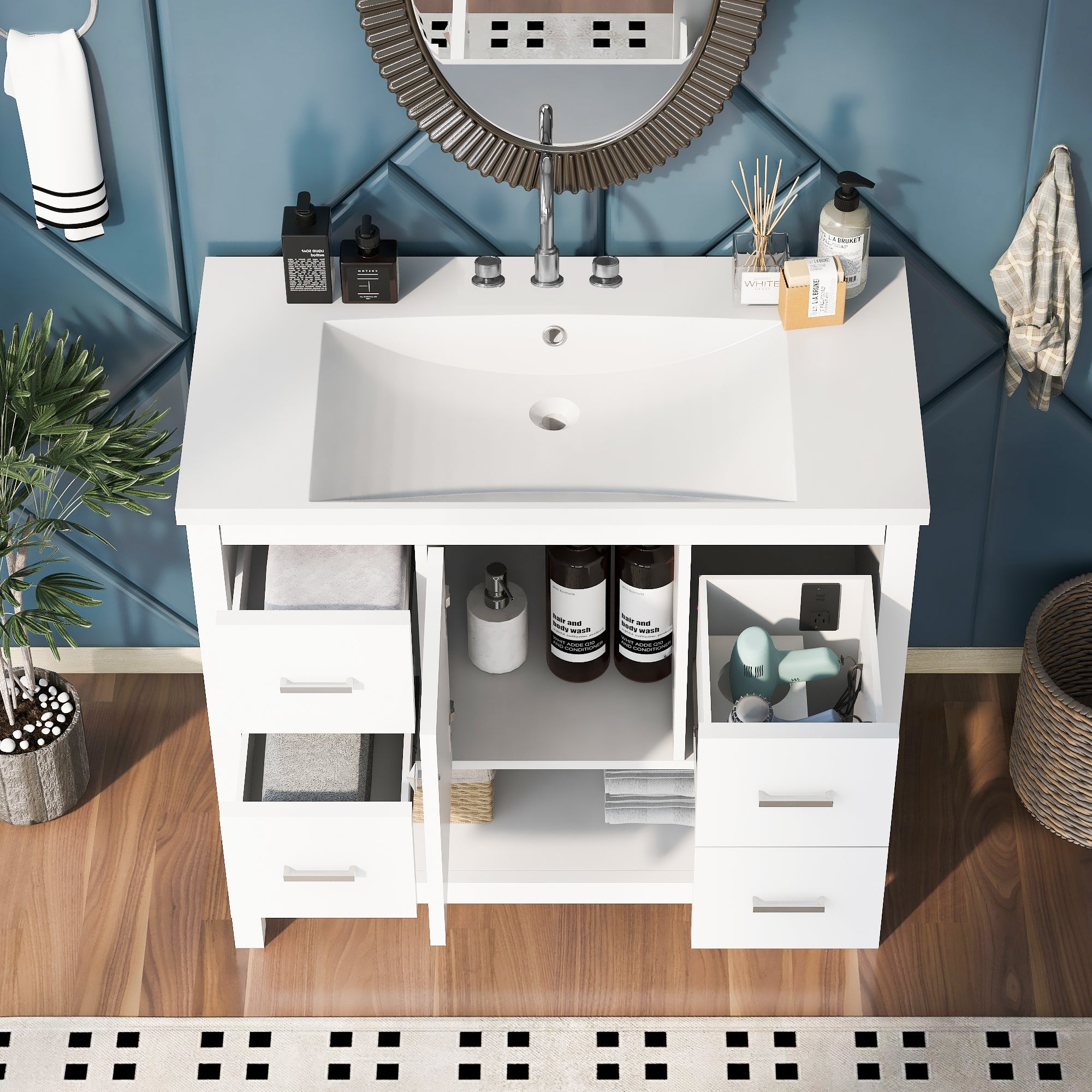36 Inch MDF Freestanding Bathroom Vanity with Resin Basin and Drawers