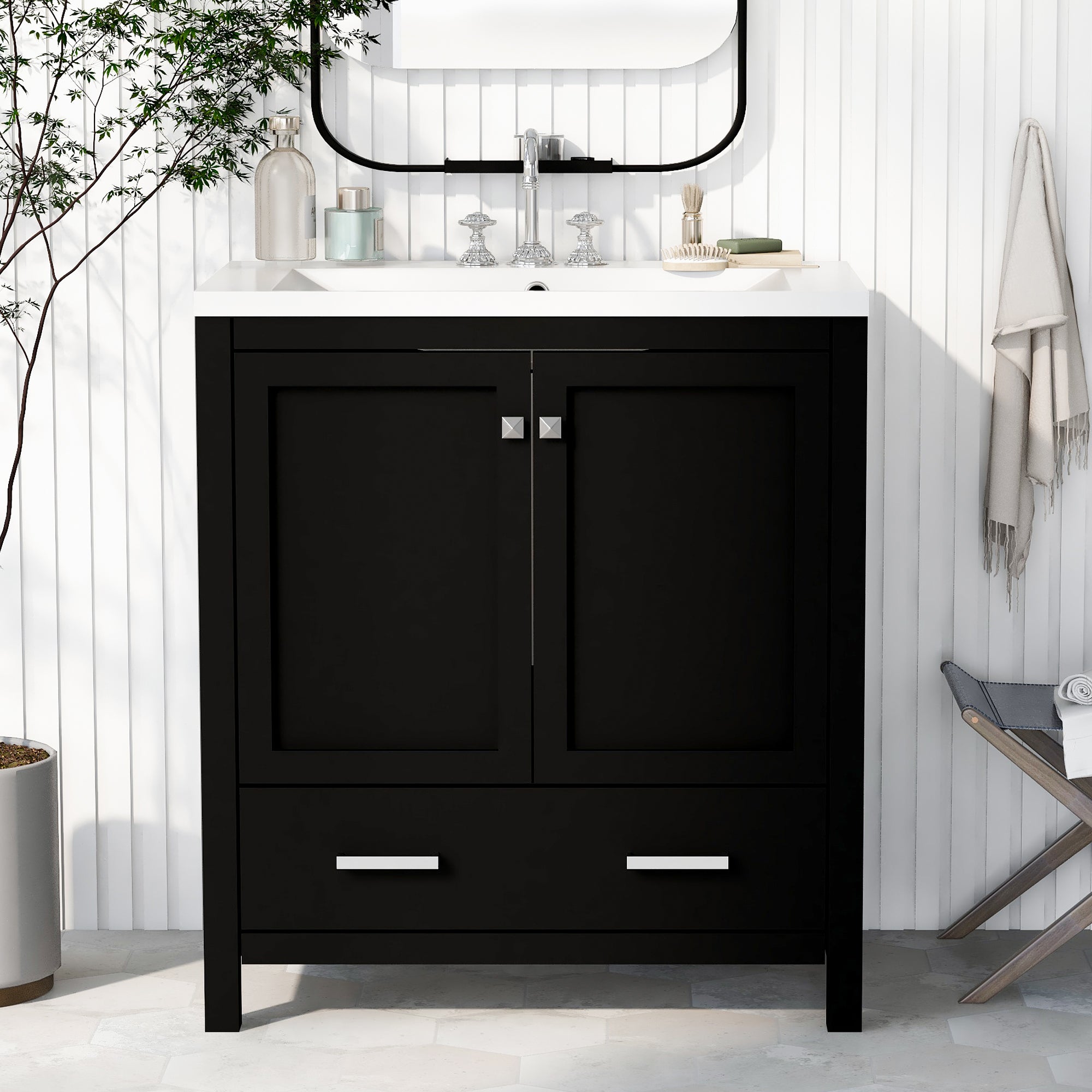 30 Inch MDF Freestanding Bathroom Vanity with Resin Basin and Drawers
