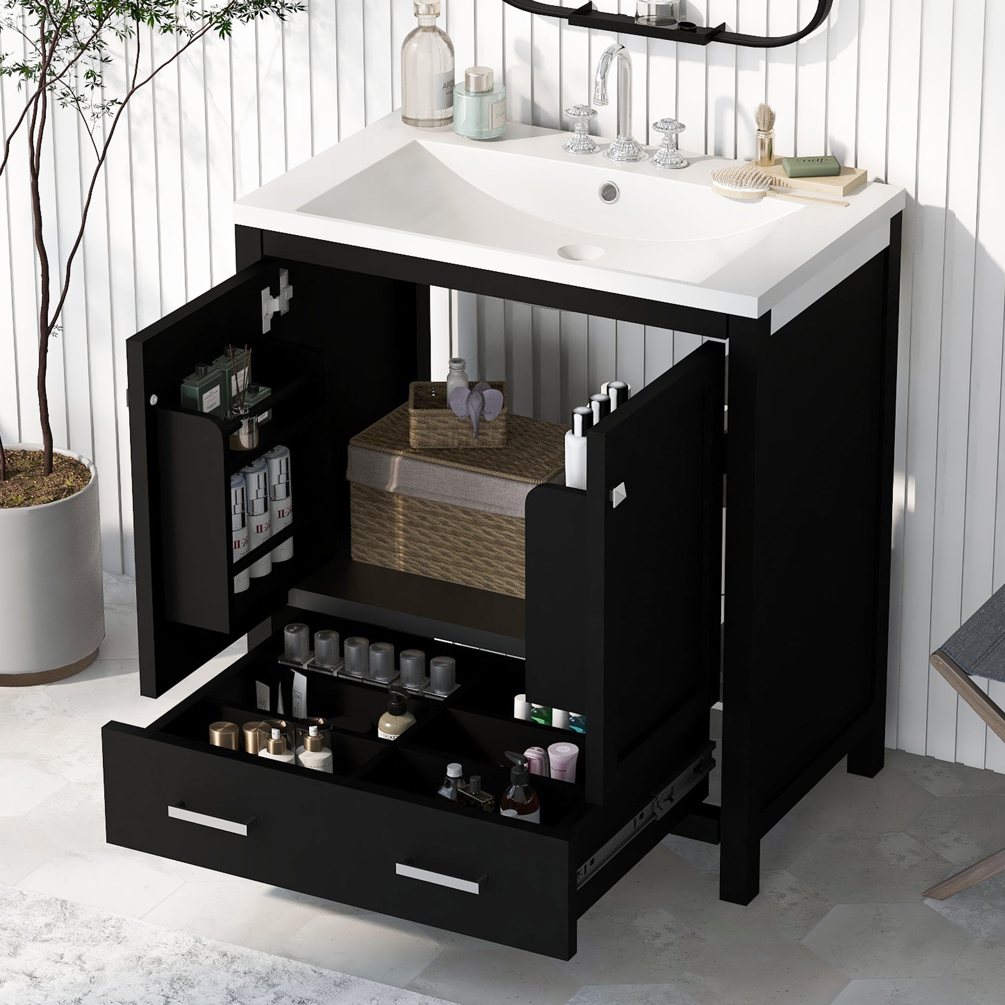 30 Inch MDF Freestanding Bathroom Vanity with Resin Basin and Drawers