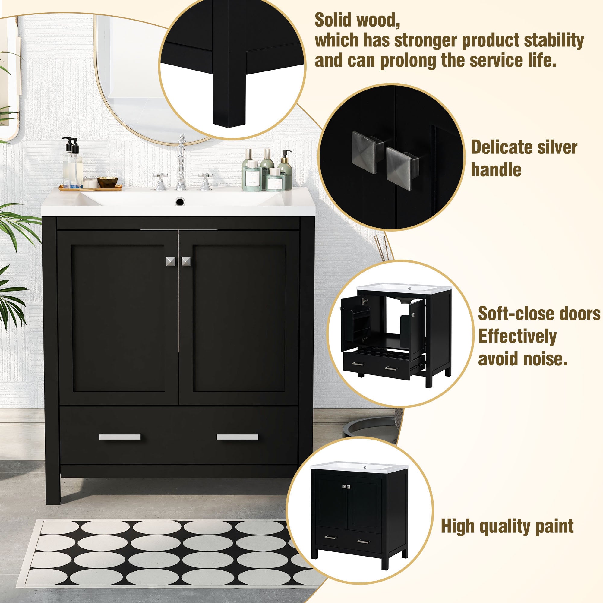30 Inch MDF Freestanding Bathroom Vanity with Resin Basin and Drawers