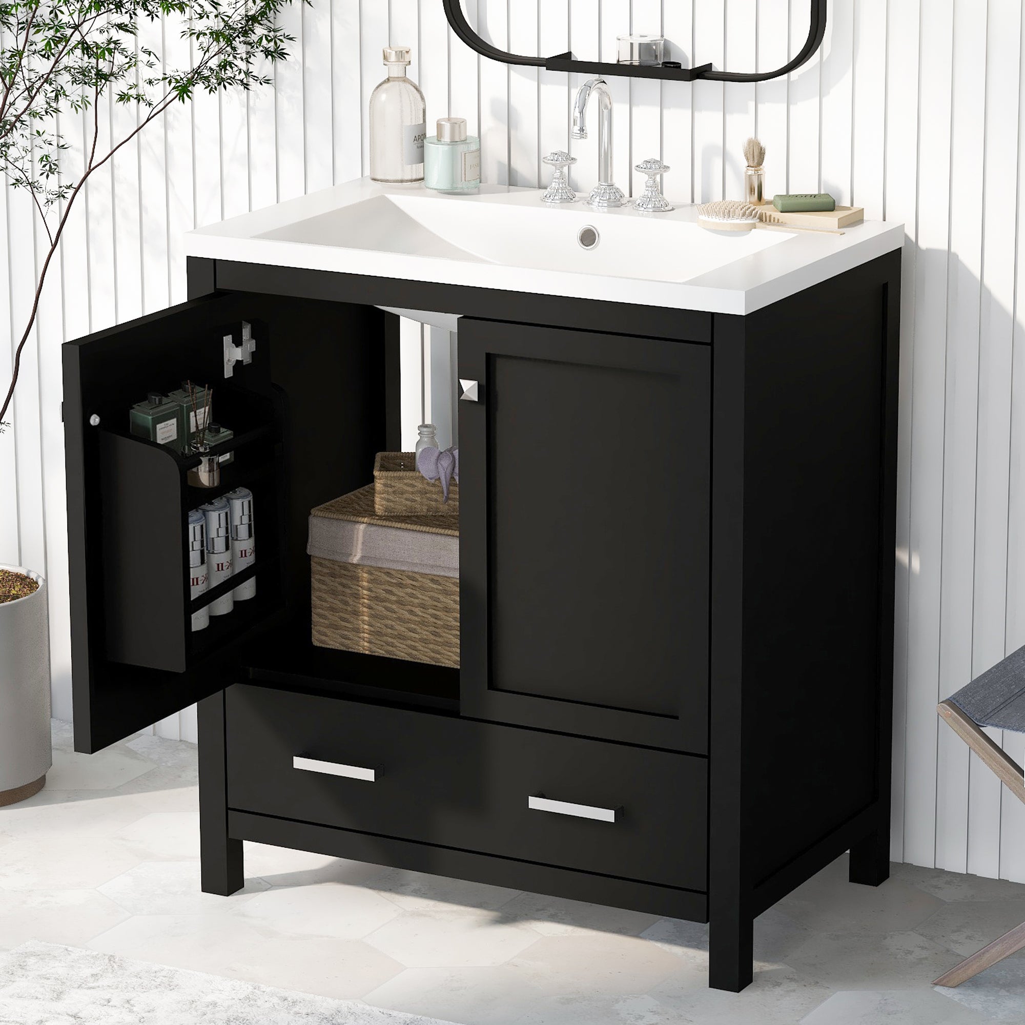 30 Inch MDF Freestanding Bathroom Vanity with Resin Basin and Drawers