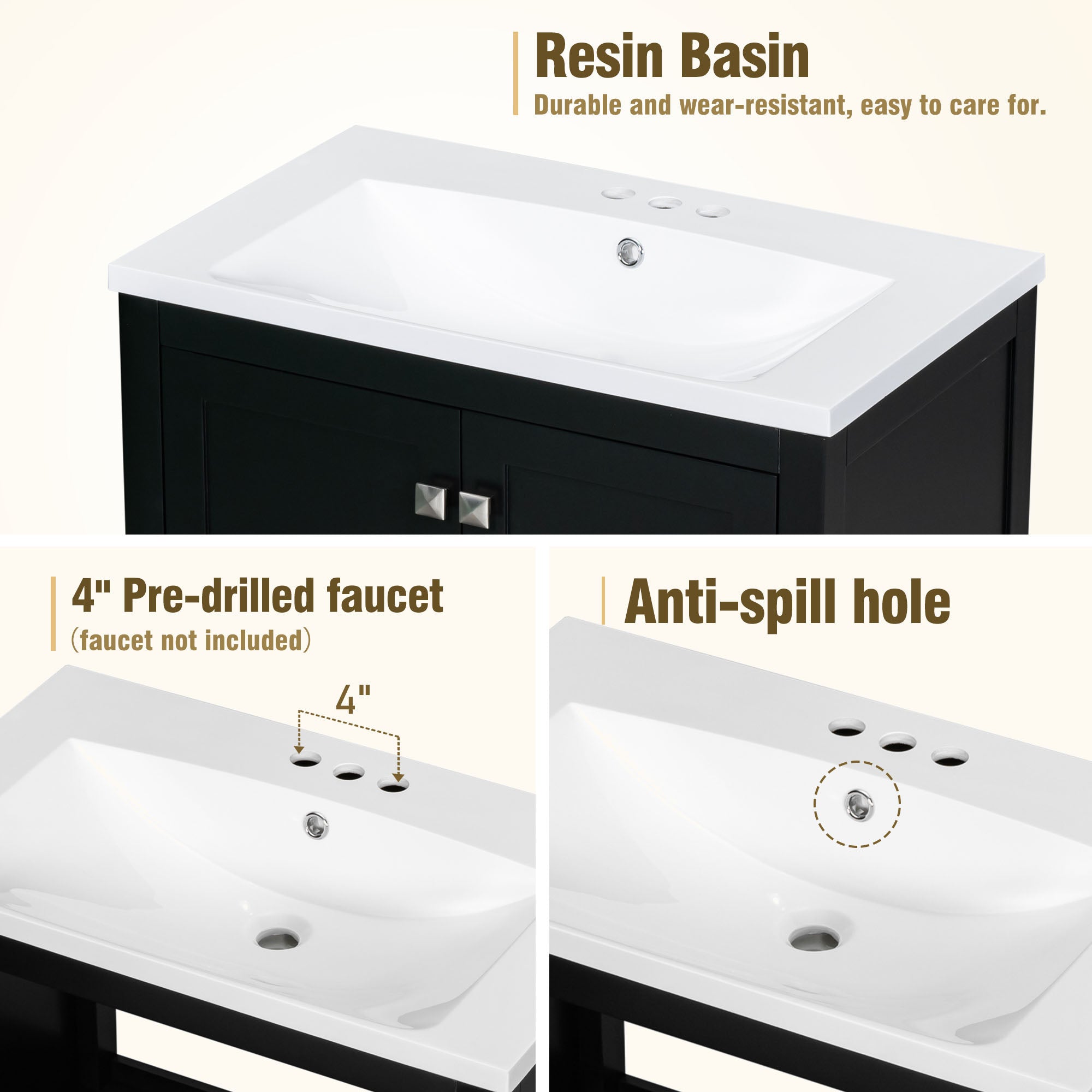 30 Inch MDF Freestanding Bathroom Vanity with Resin Basin and Drawers
