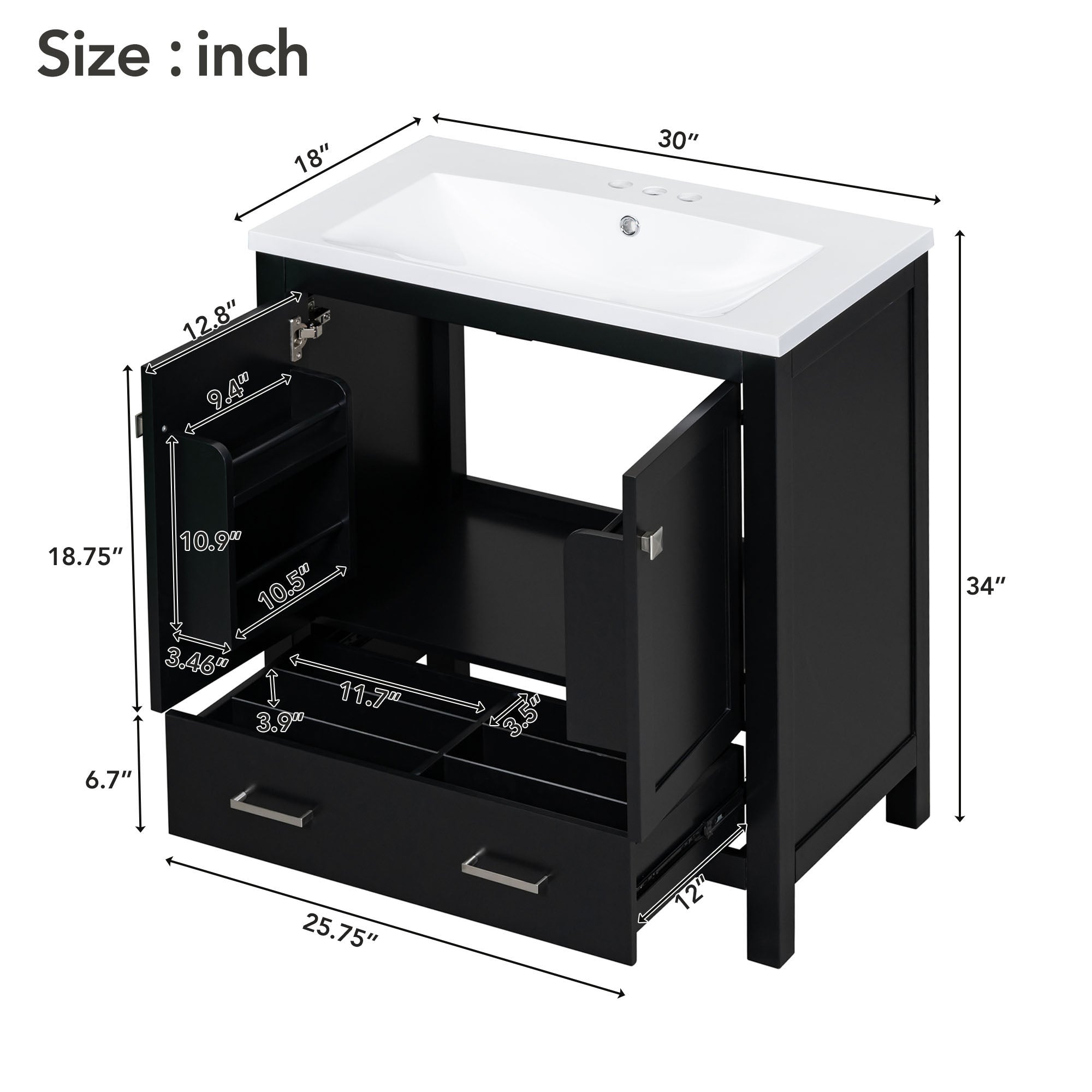 30 Inch MDF Freestanding Bathroom Vanity with Resin Basin and Drawers