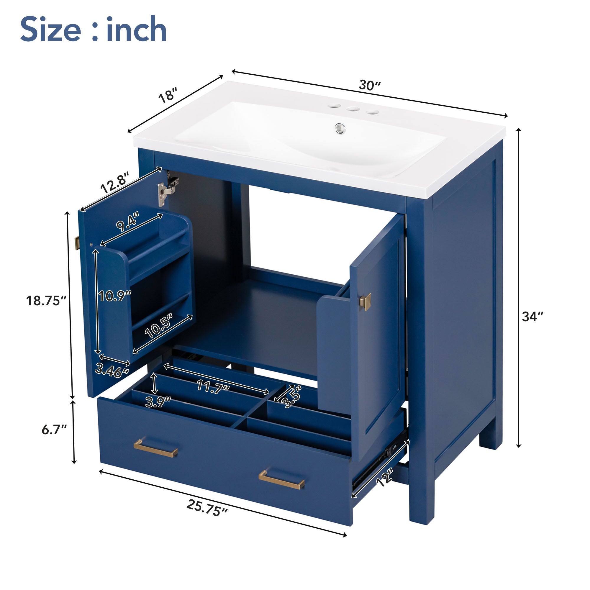 30 Inch MDF Freestanding Bathroom Vanity with Resin Basin and Drawers
