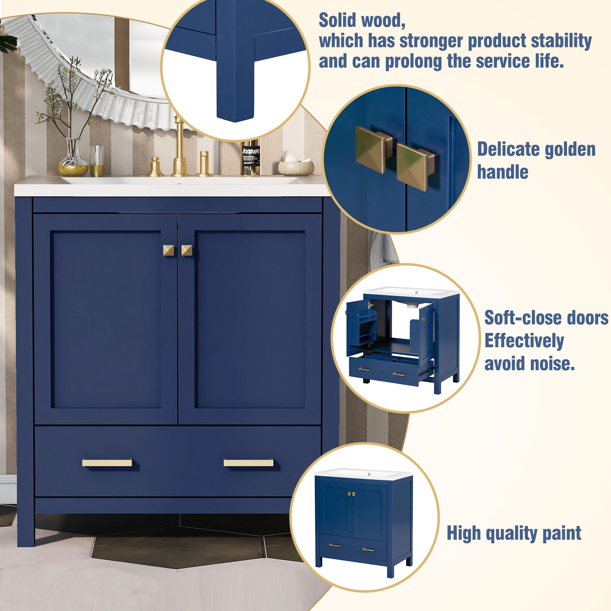 30 Inch MDF Freestanding Bathroom Vanity with Resin Basin and Drawers