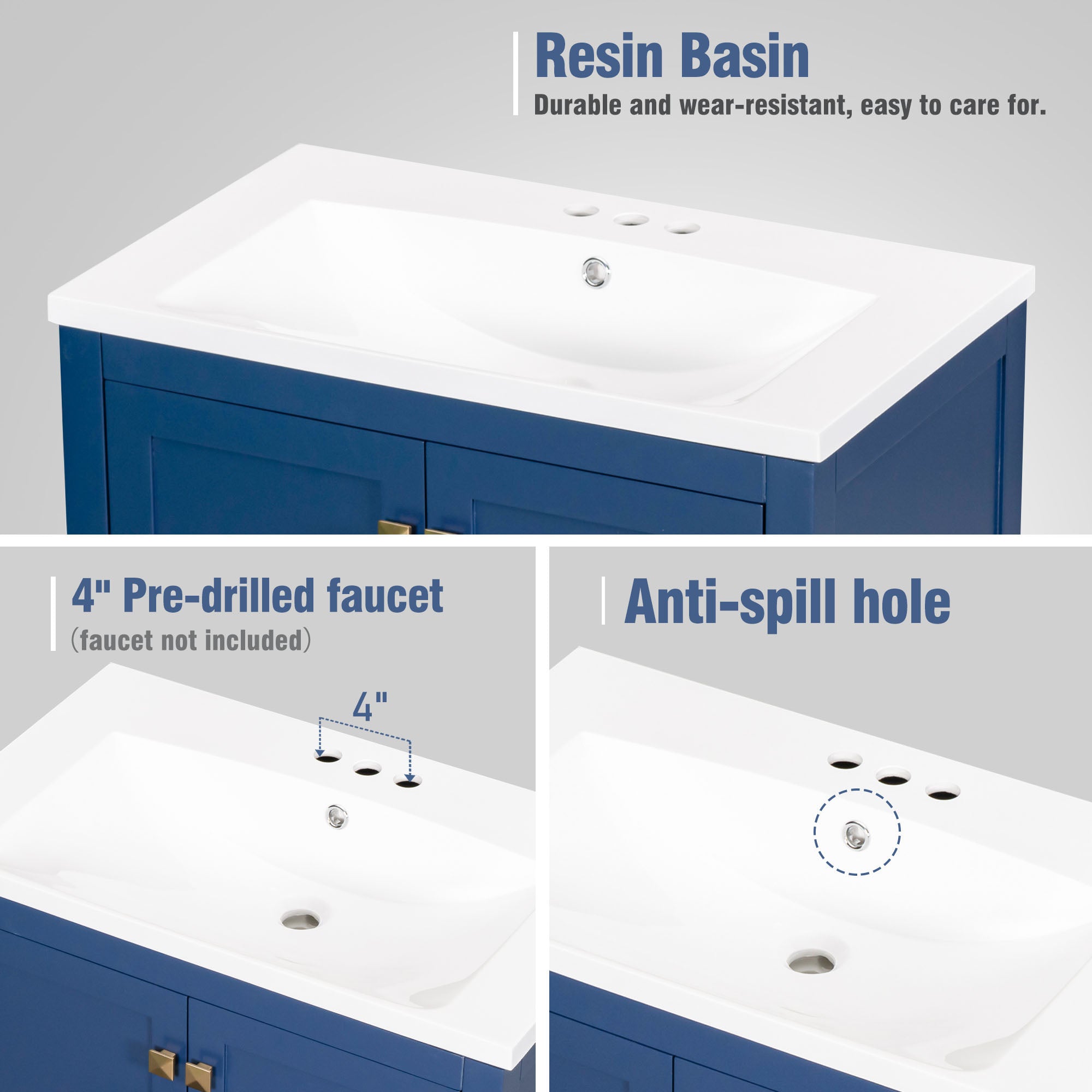 30 Inch MDF Freestanding Bathroom Vanity with Resin Basin and Drawers