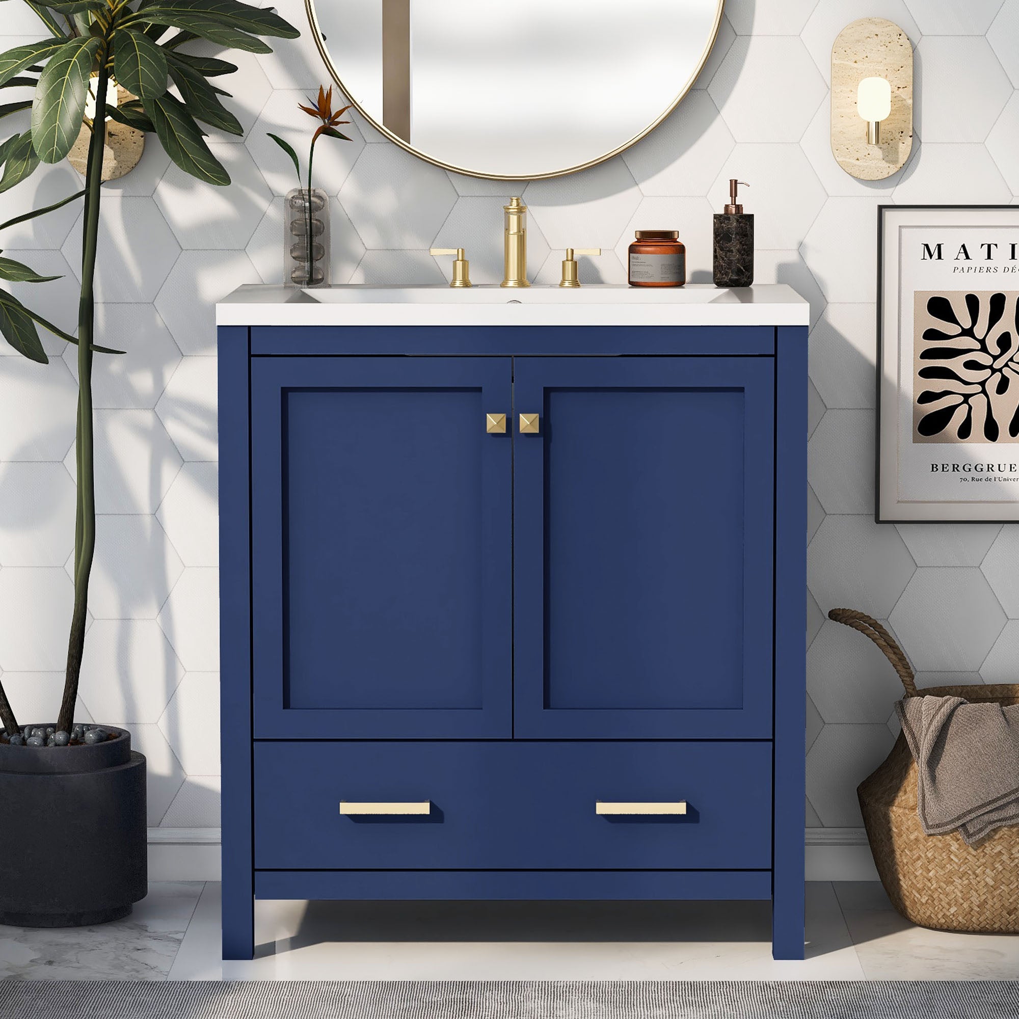 30 Inch MDF Freestanding Bathroom Vanity with Resin Basin and Drawers