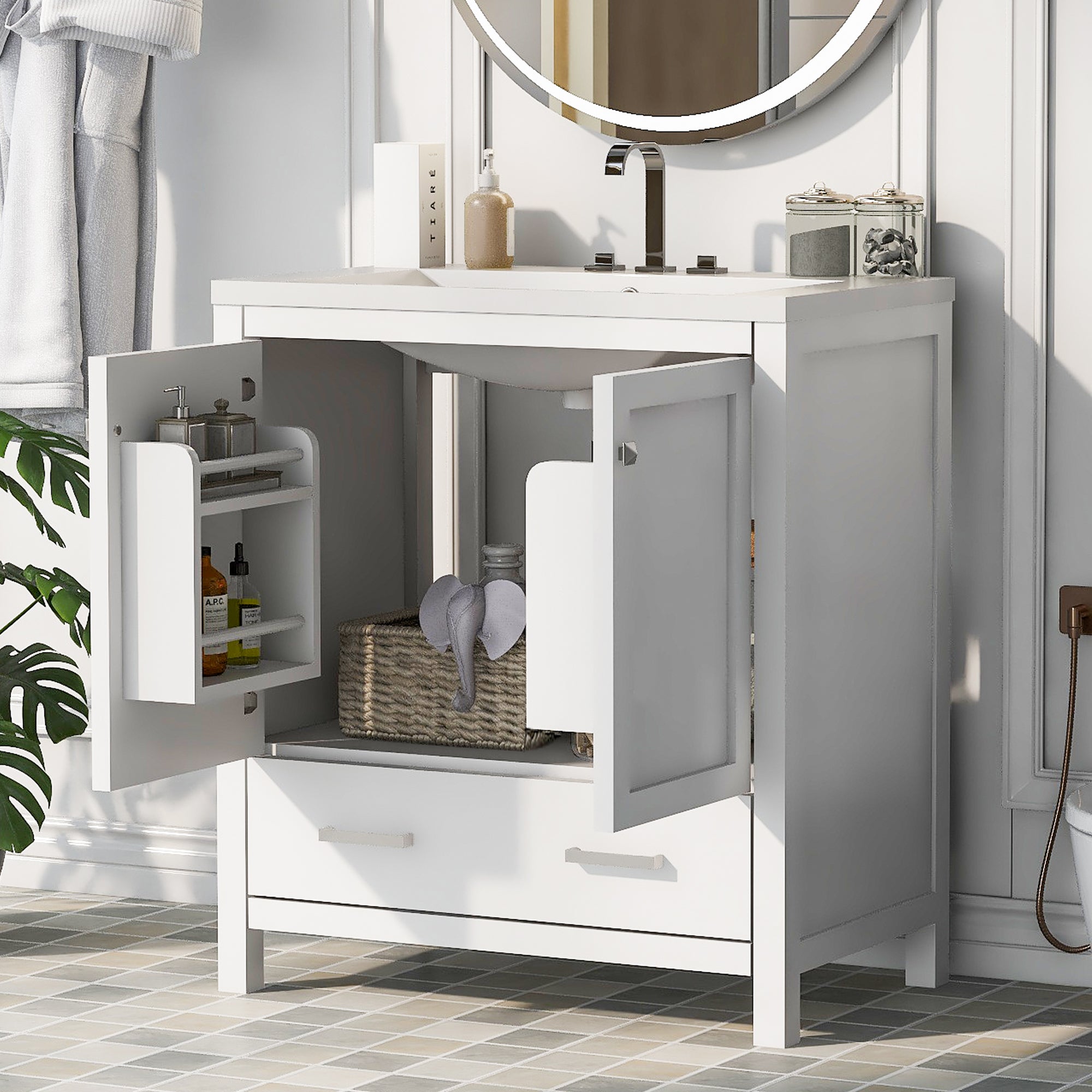 30 Inch MDF Freestanding Bathroom Vanity with Resin Basin and Drawers