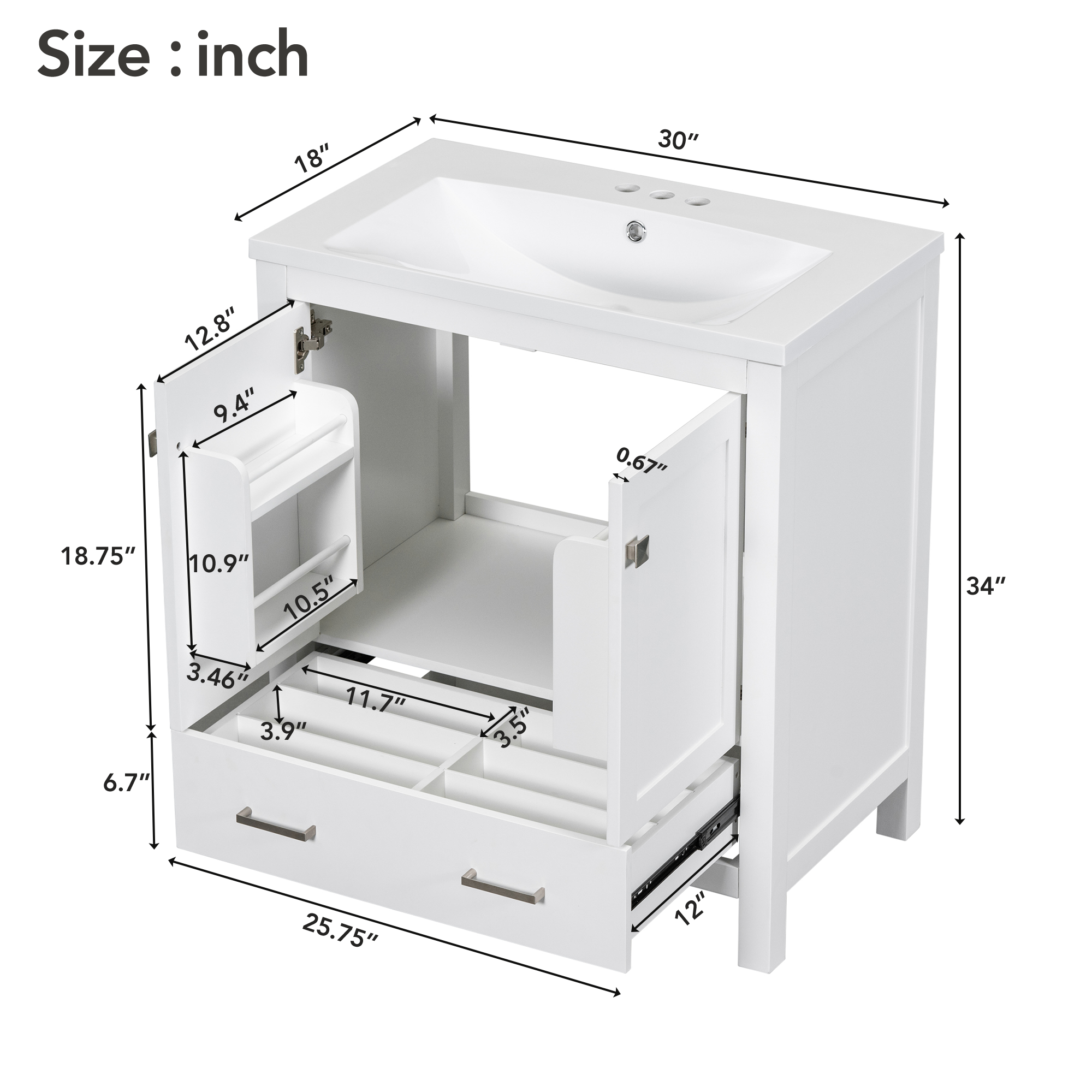 30 Inch MDF Freestanding Bathroom Vanity with Resin Basin and Drawers