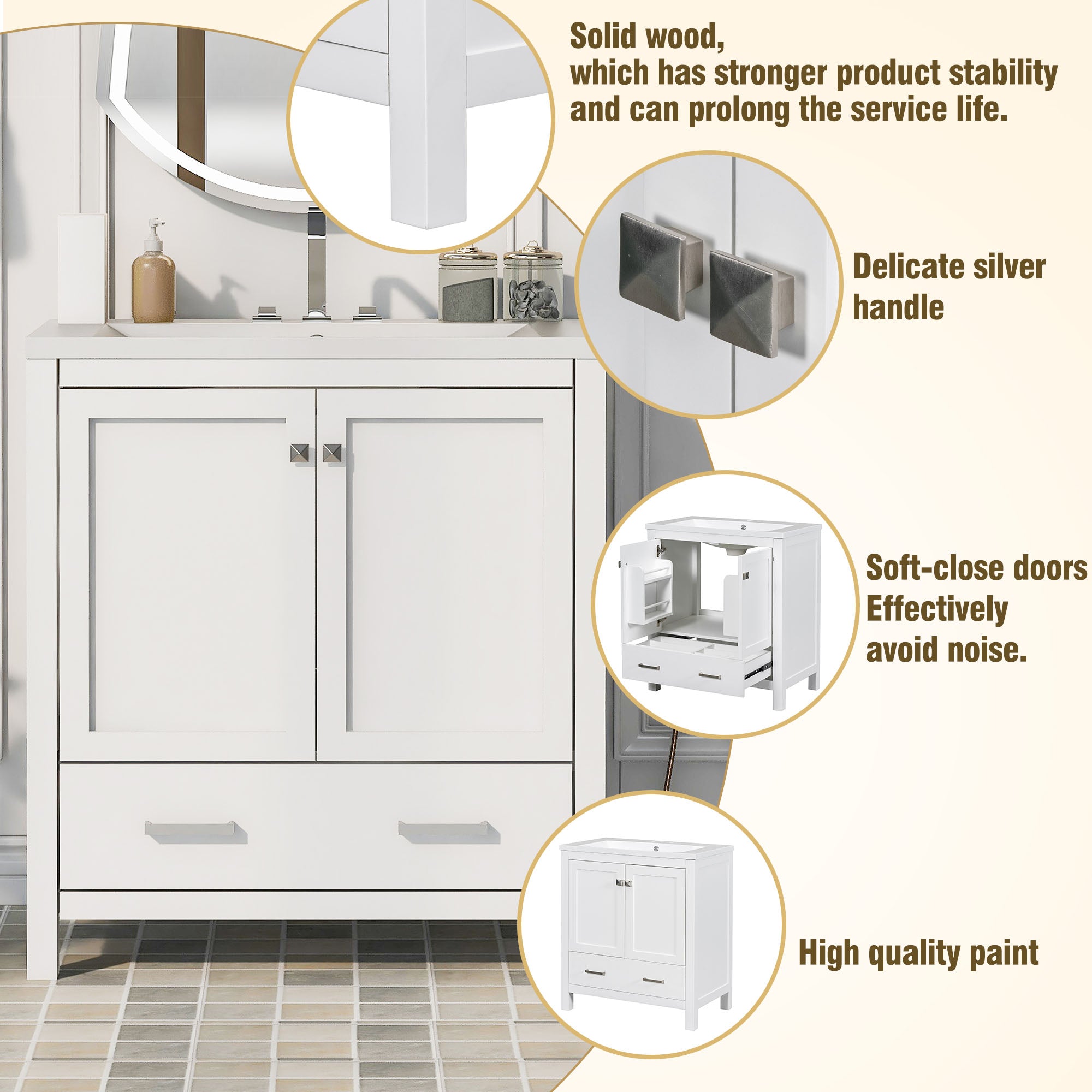 30 Inch MDF Freestanding Bathroom Vanity with Resin Basin and Drawers