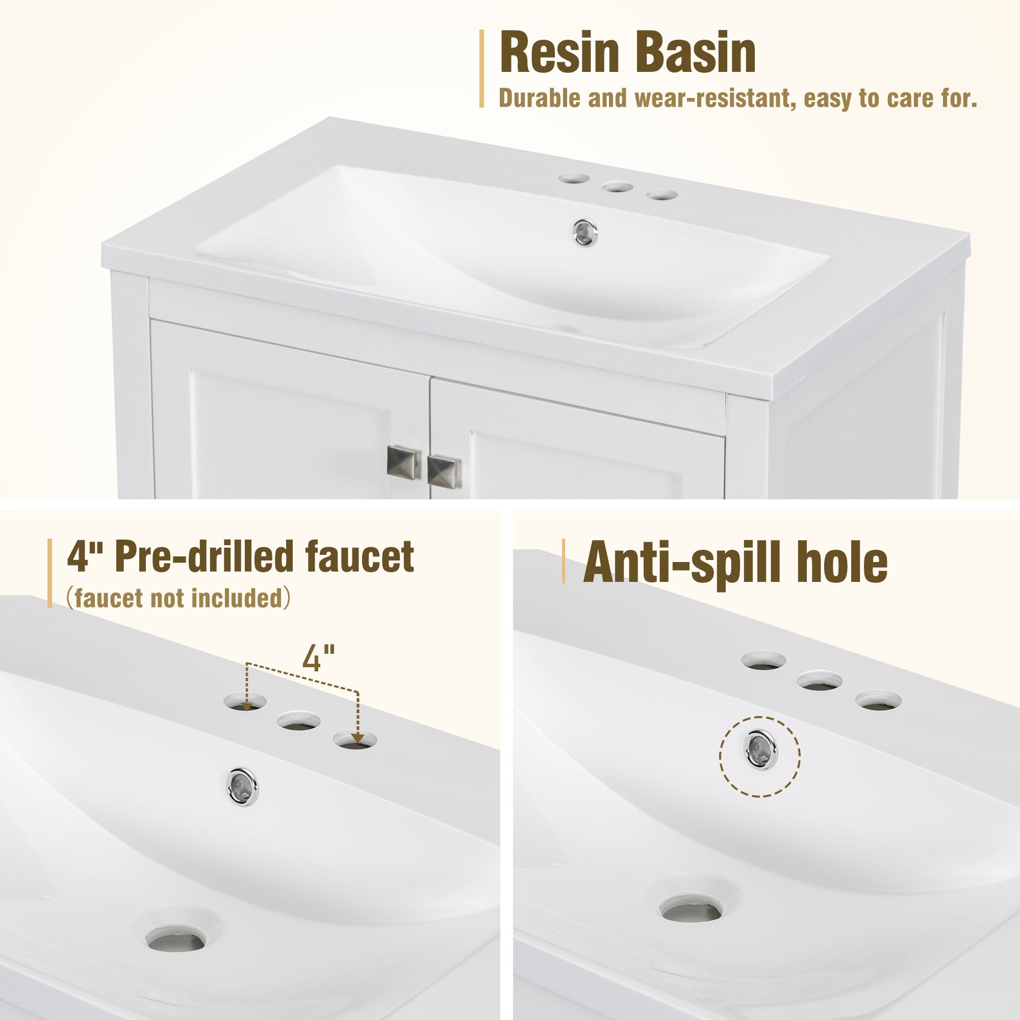 30 Inch MDF Freestanding Bathroom Vanity with Resin Basin and Drawers