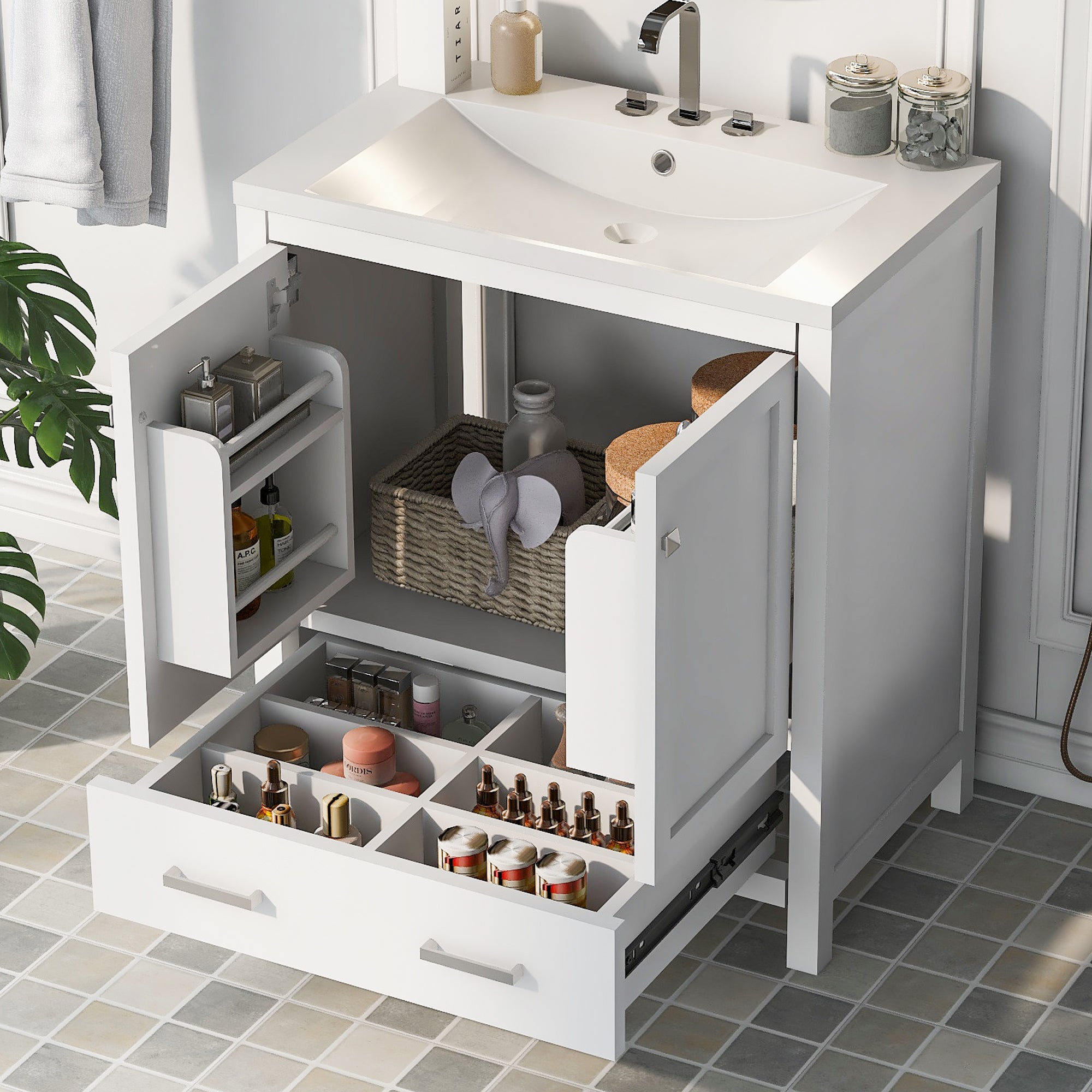 30 Inch MDF Freestanding Bathroom Vanity with Resin Basin and Drawers