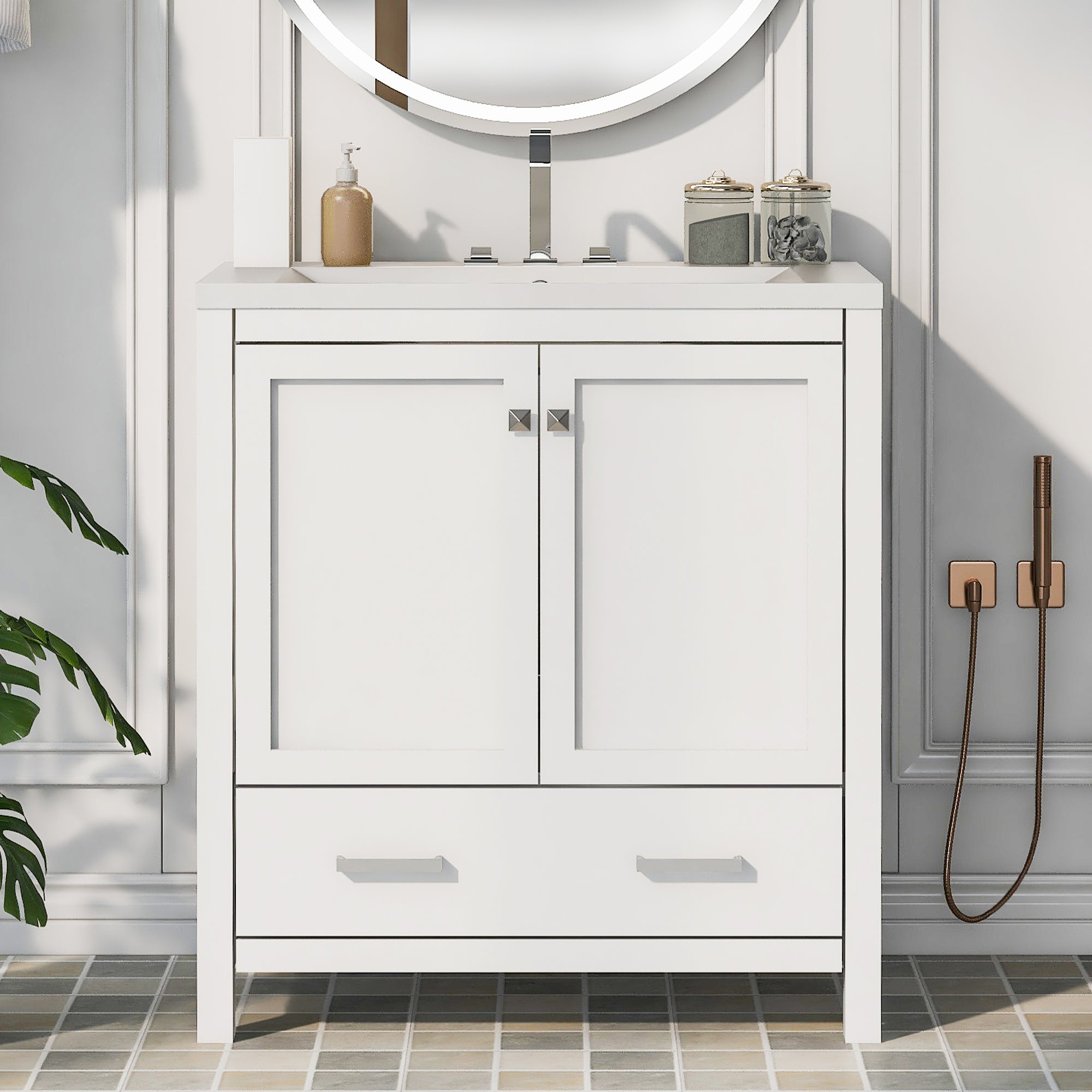 30 Inch MDF Freestanding Bathroom Vanity with Resin Basin and Drawers
