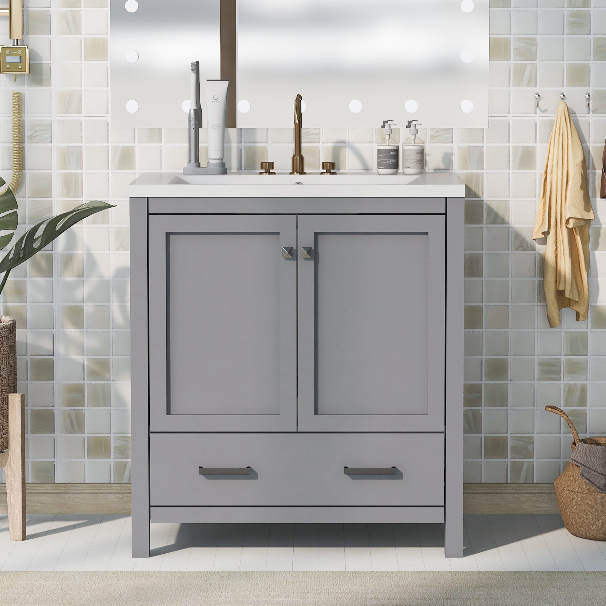 30 Inch MDF Freestanding Bathroom Vanity with Resin Basin and Drawers