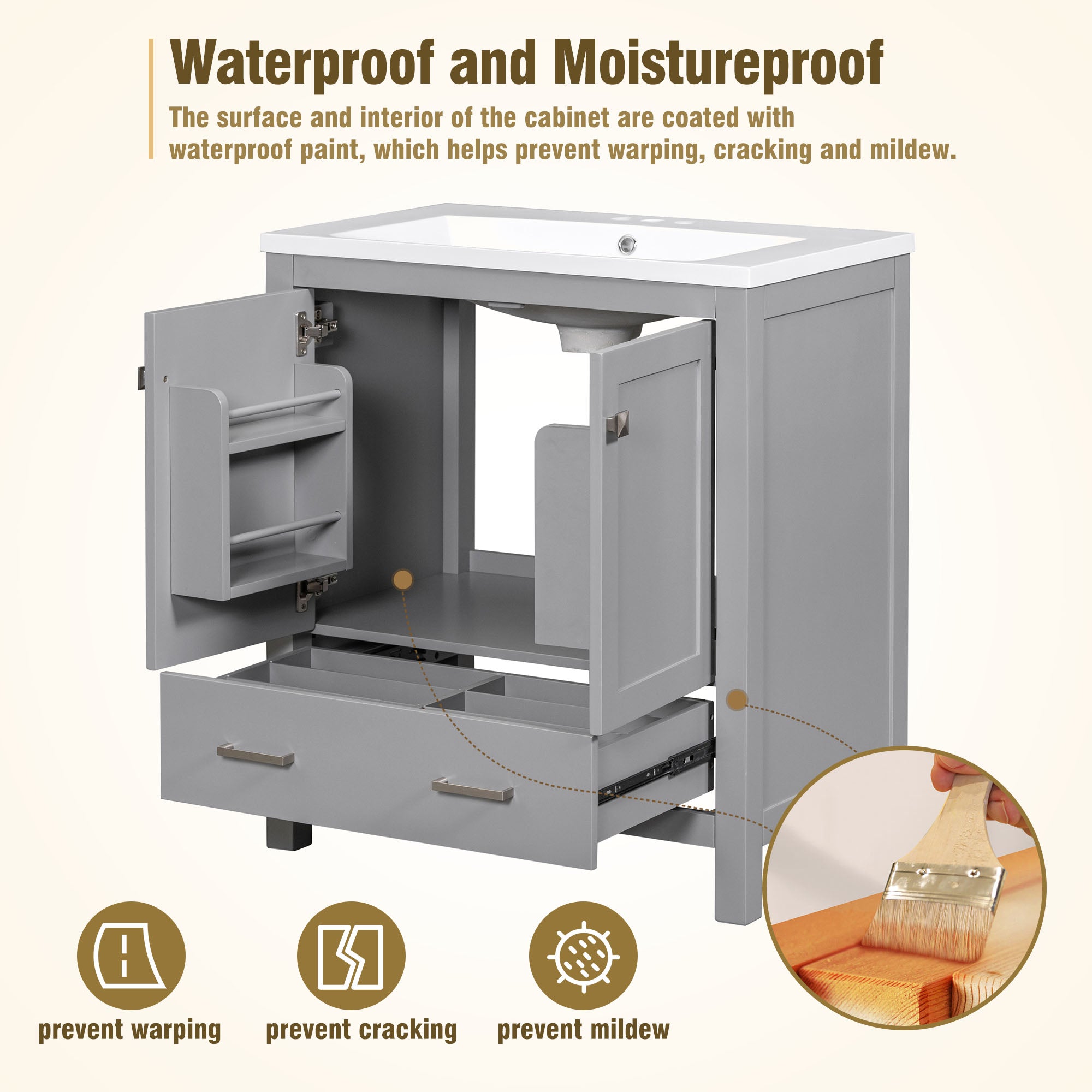 30 Inch MDF Freestanding Bathroom Vanity with Resin Basin and Drawers