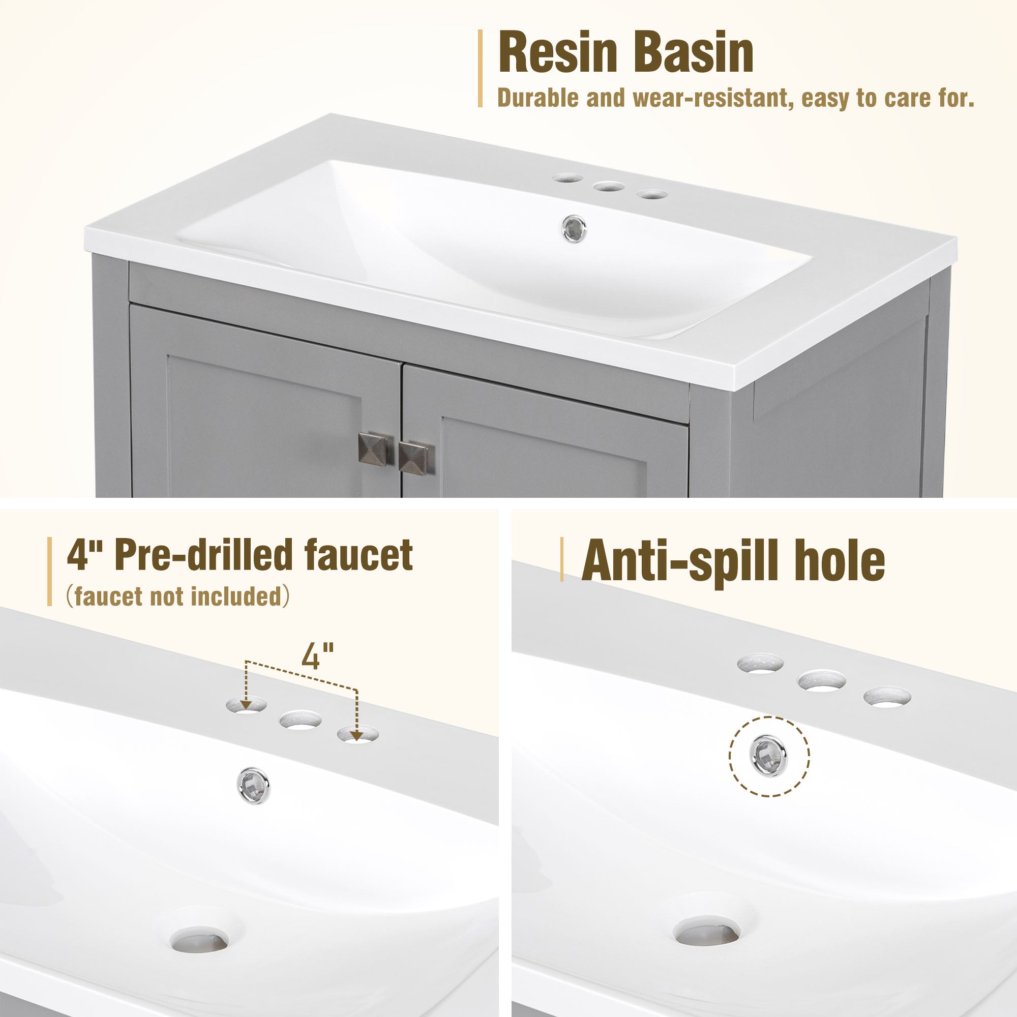 30 Inch MDF Freestanding Bathroom Vanity with Resin Basin and Drawers