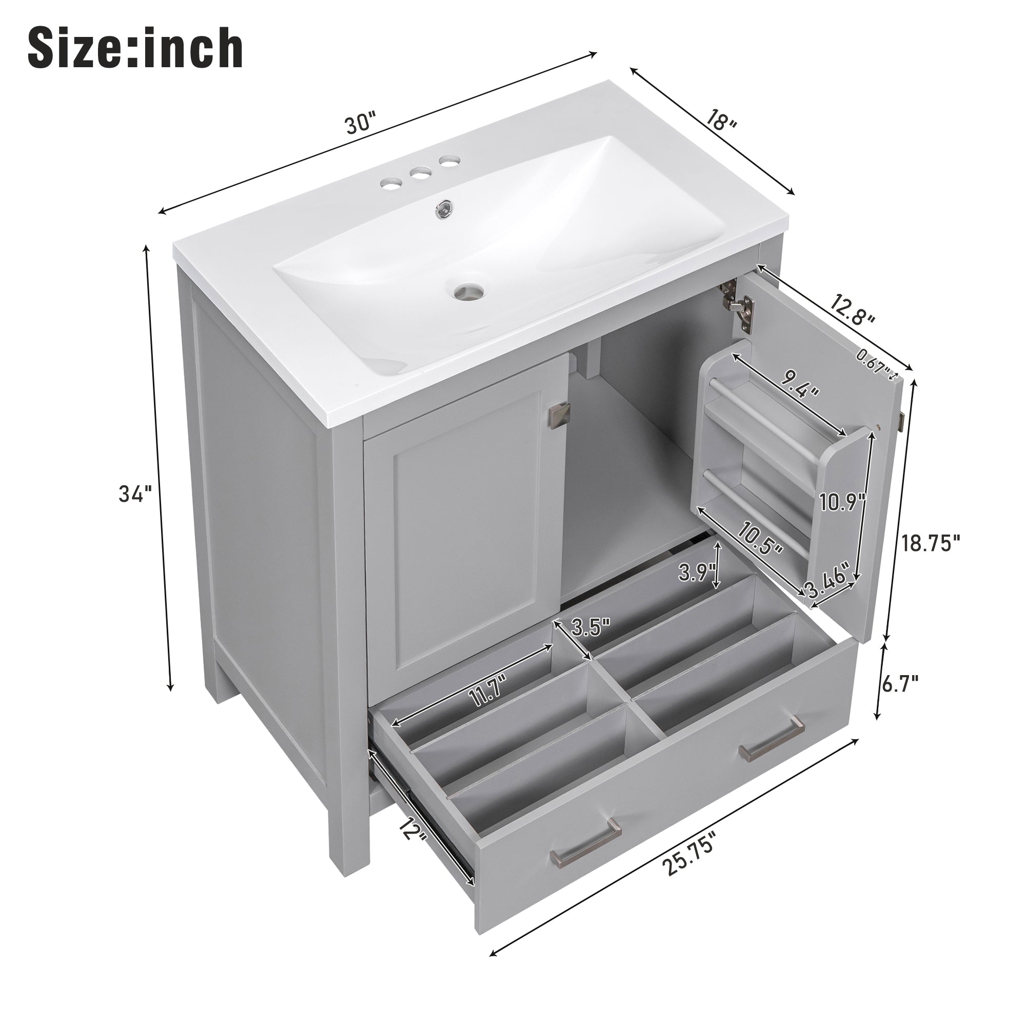 30 Inch MDF Freestanding Bathroom Vanity with Resin Basin and Drawers