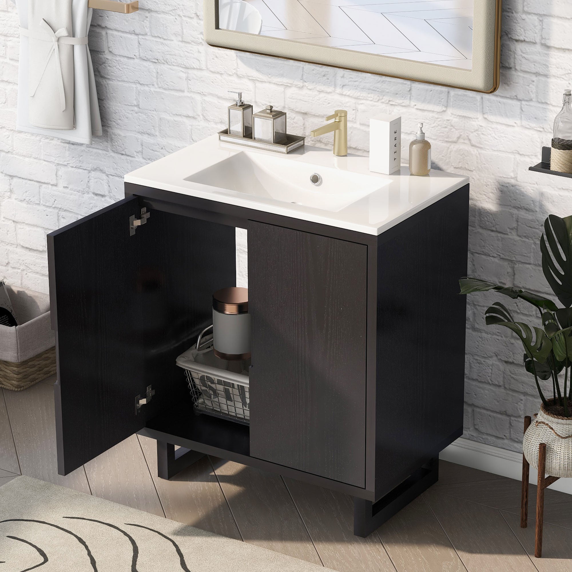 30 Inch MDF Freestanding Bathroom Vanity Set in Black with Integrated Resin Sink