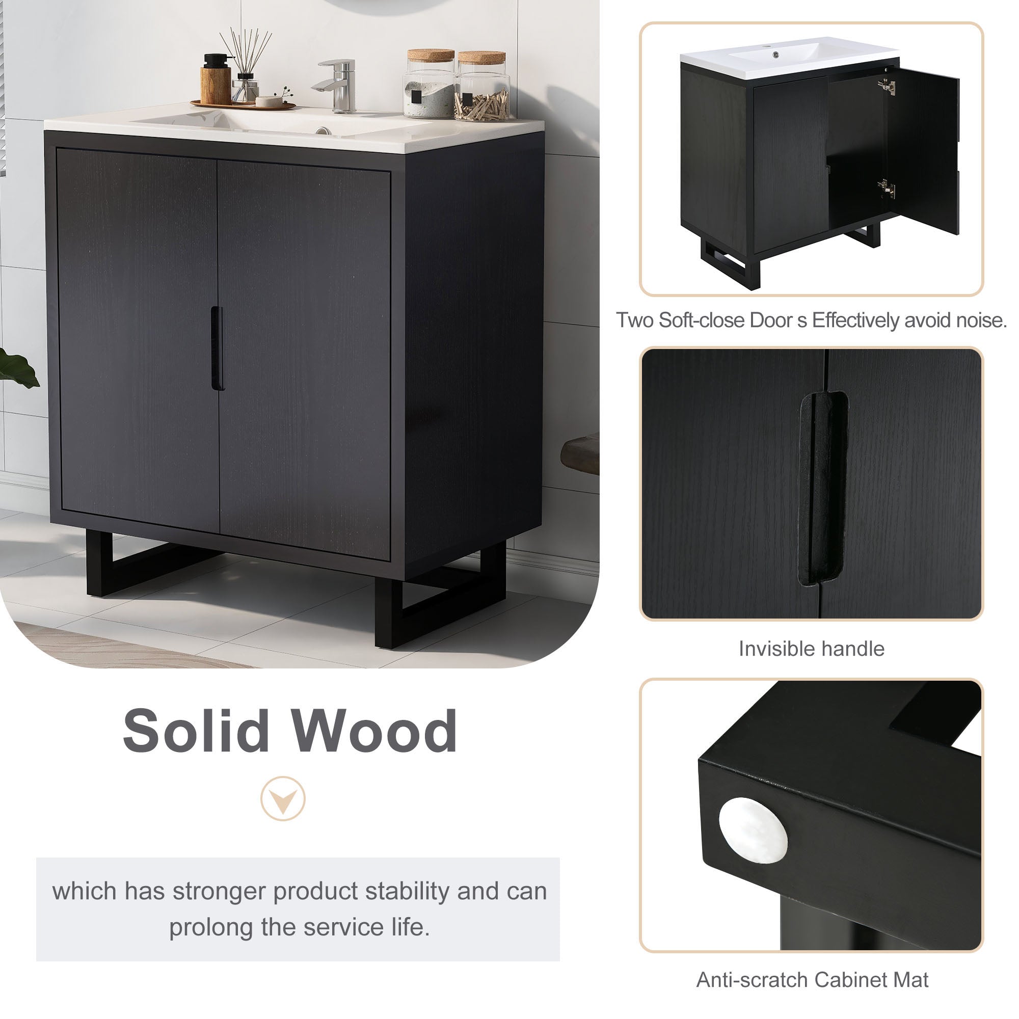 30 Inch MDF Freestanding Bathroom Vanity Set in Black with Integrated Resin Sink