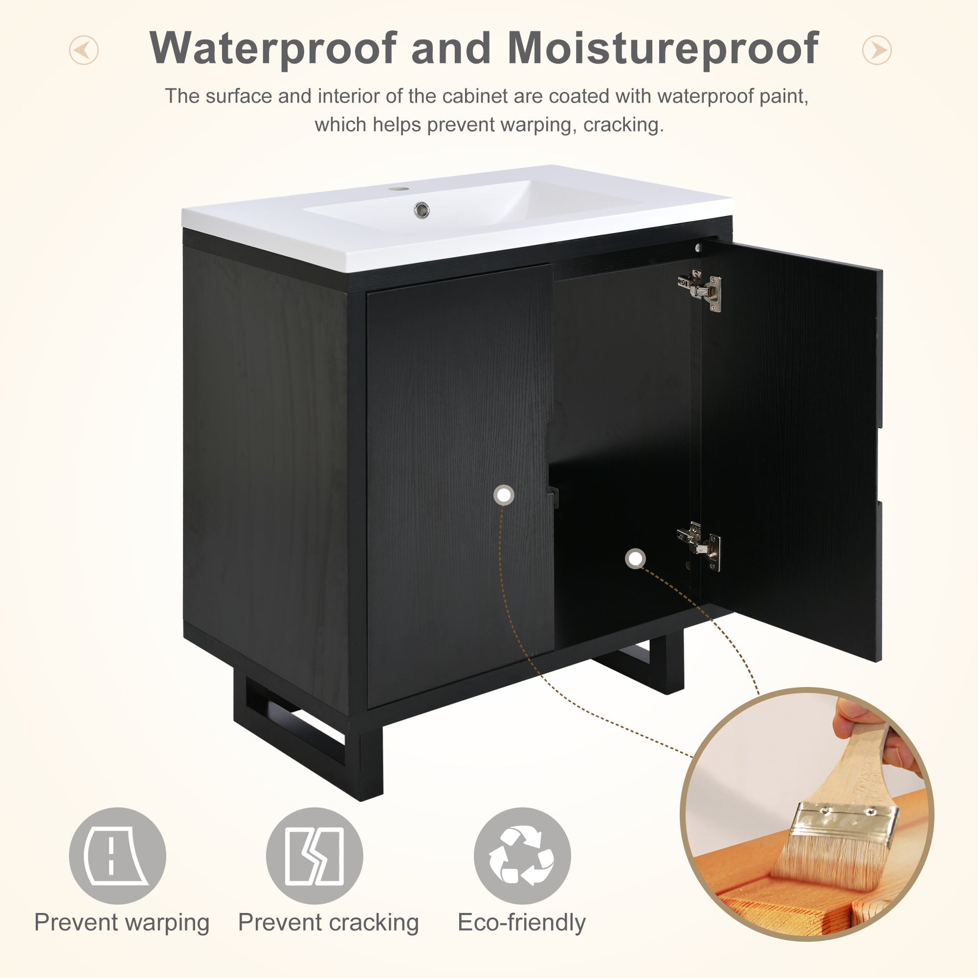 30 Inch MDF Freestanding Bathroom Vanity Set in Black with Integrated Resin Sink