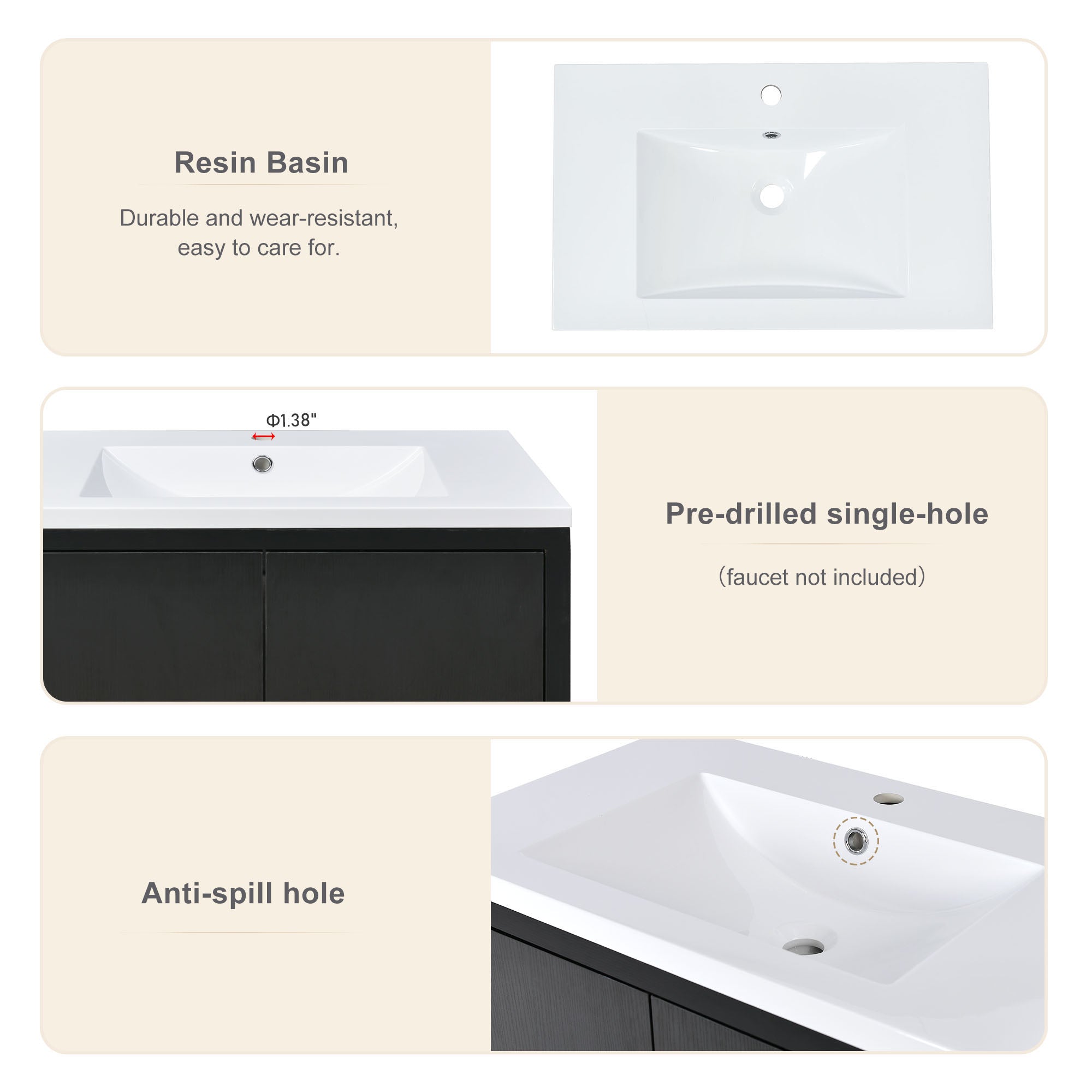 30 Inch MDF Freestanding Bathroom Vanity Set in Black with Integrated Resin Sink