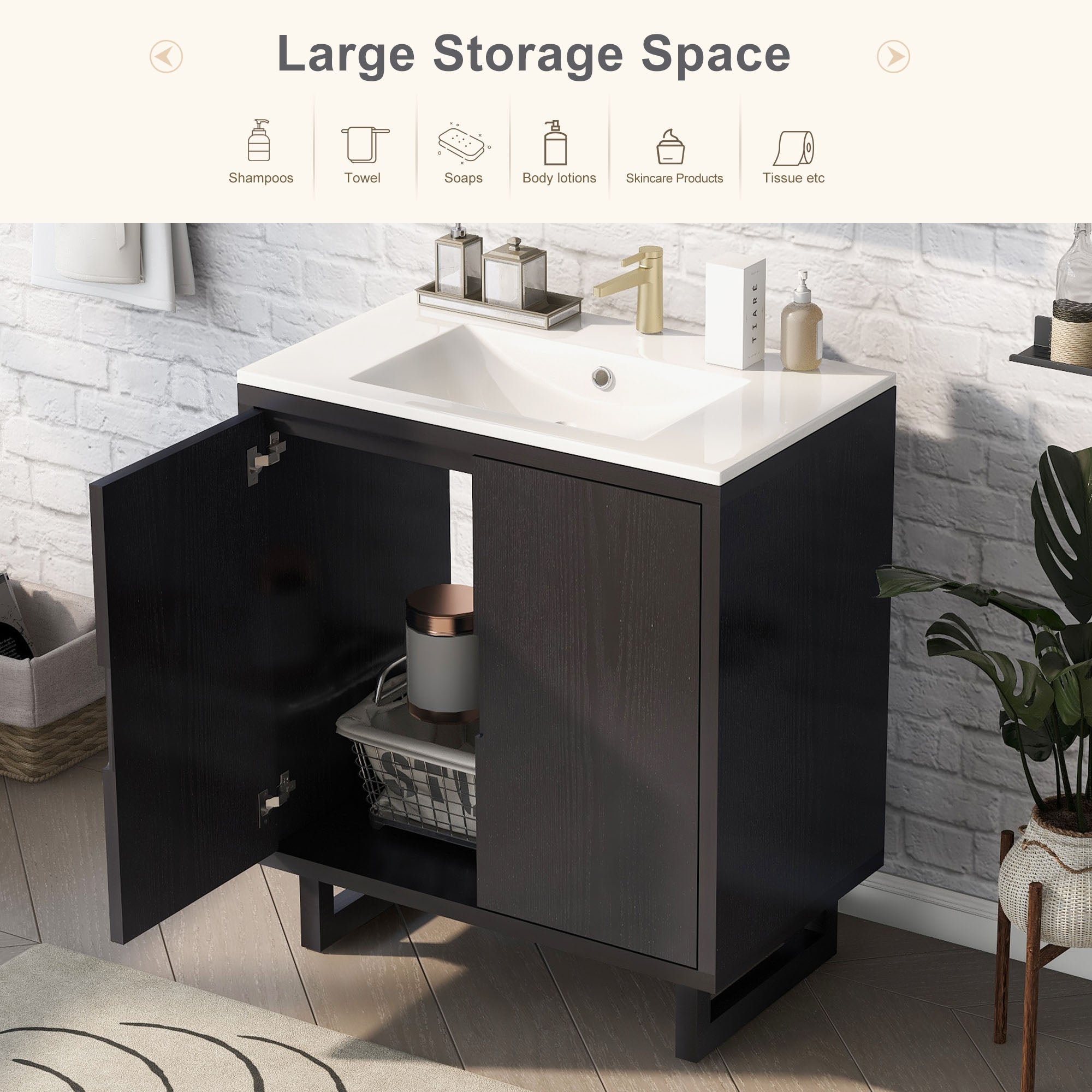 30 Inch MDF Freestanding Bathroom Vanity Set in Black with Integrated Resin Sink