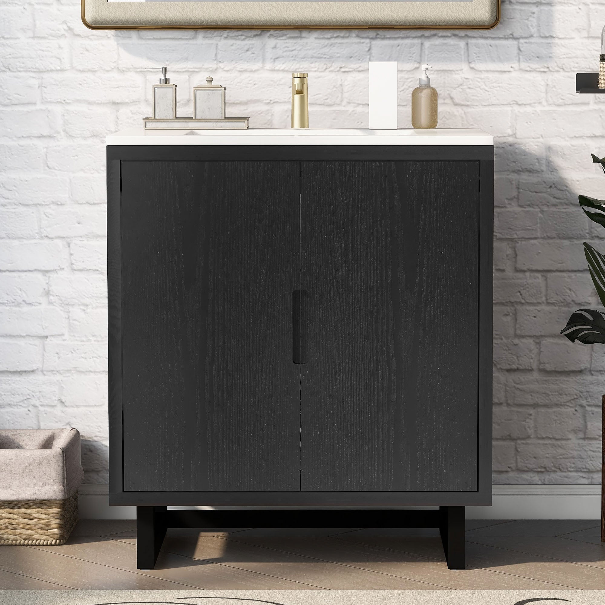 30 Inch MDF Freestanding Bathroom Vanity Set in Black with Integrated Resin Sink