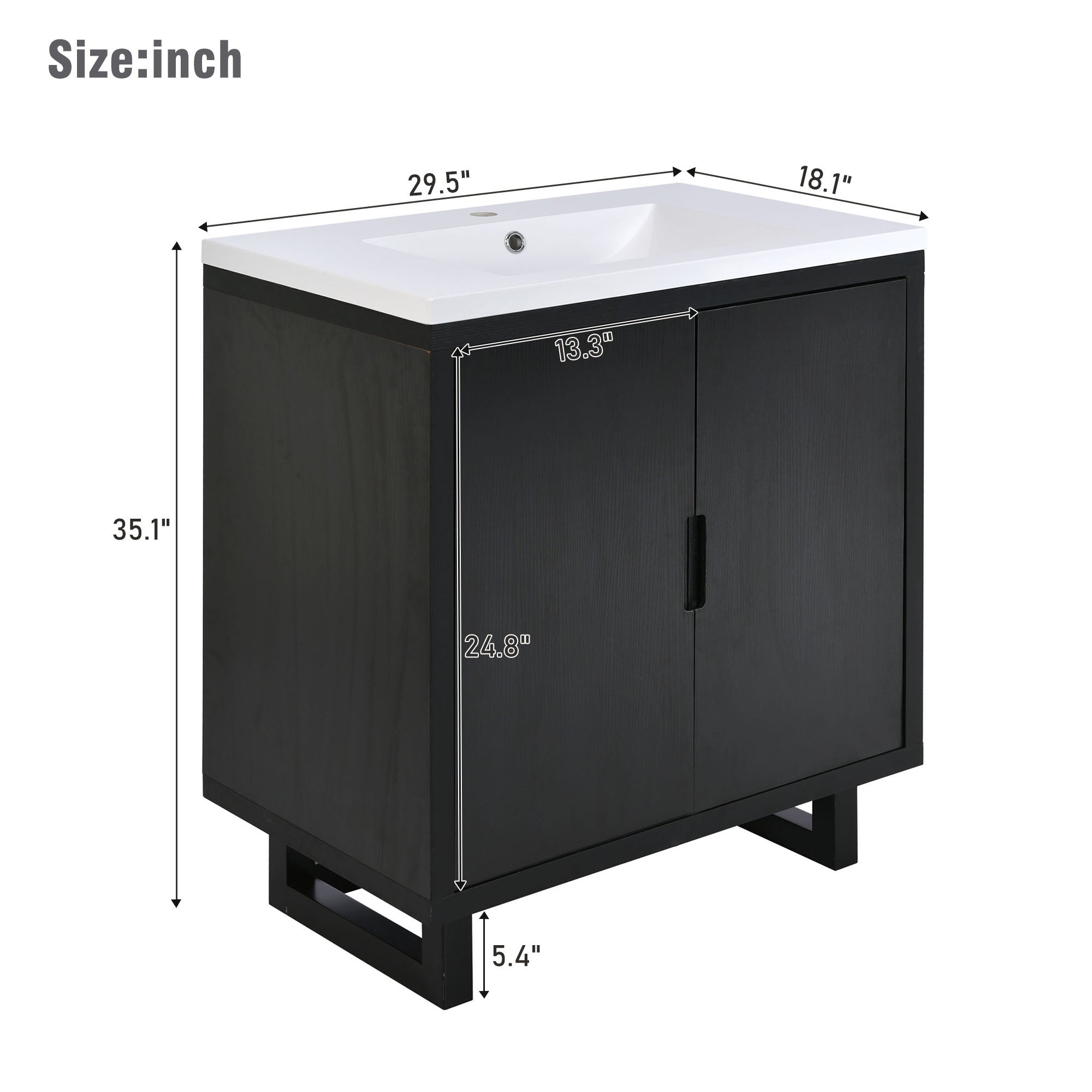 30 Inch MDF Freestanding Bathroom Vanity Set in Black with Integrated Resin Sink