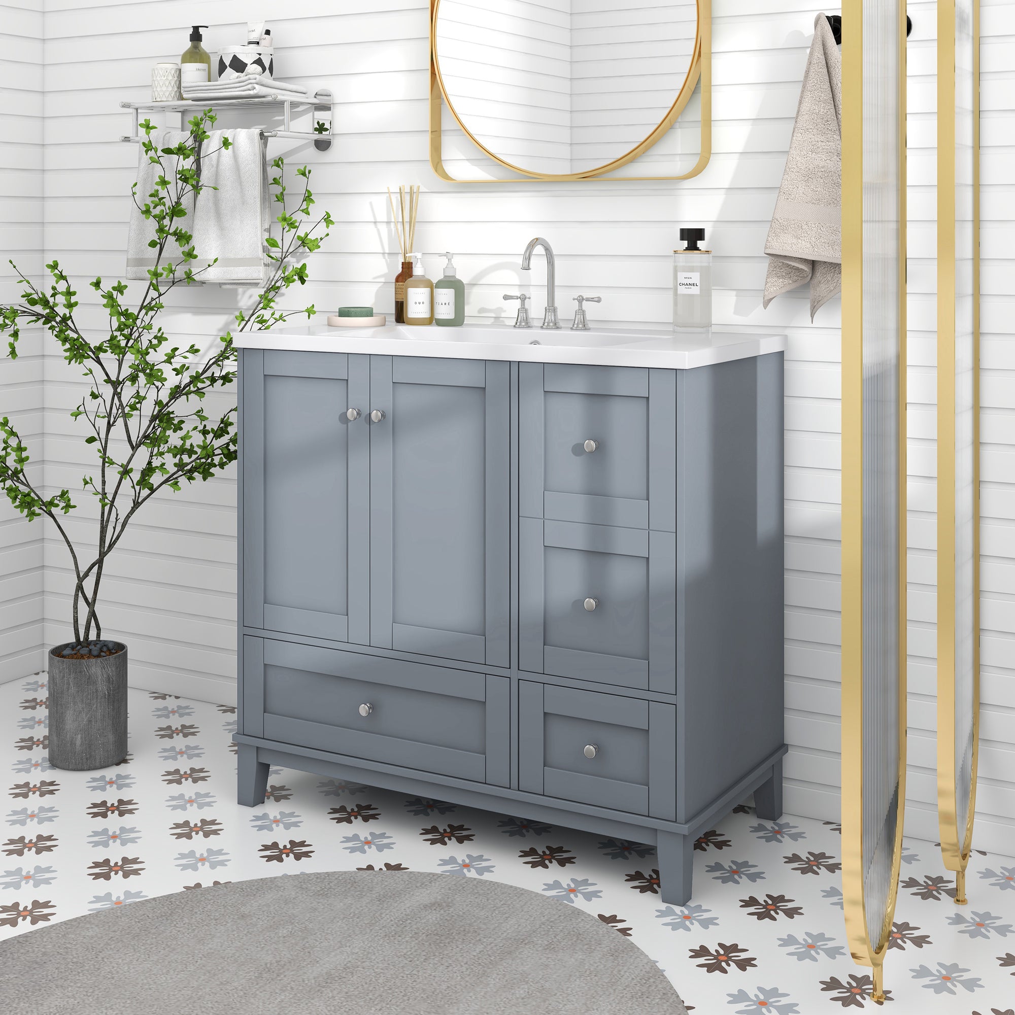 36 Inch Solid Wood Frame Freestanding Bathroom Vanity Set with Integrated Resin Sink