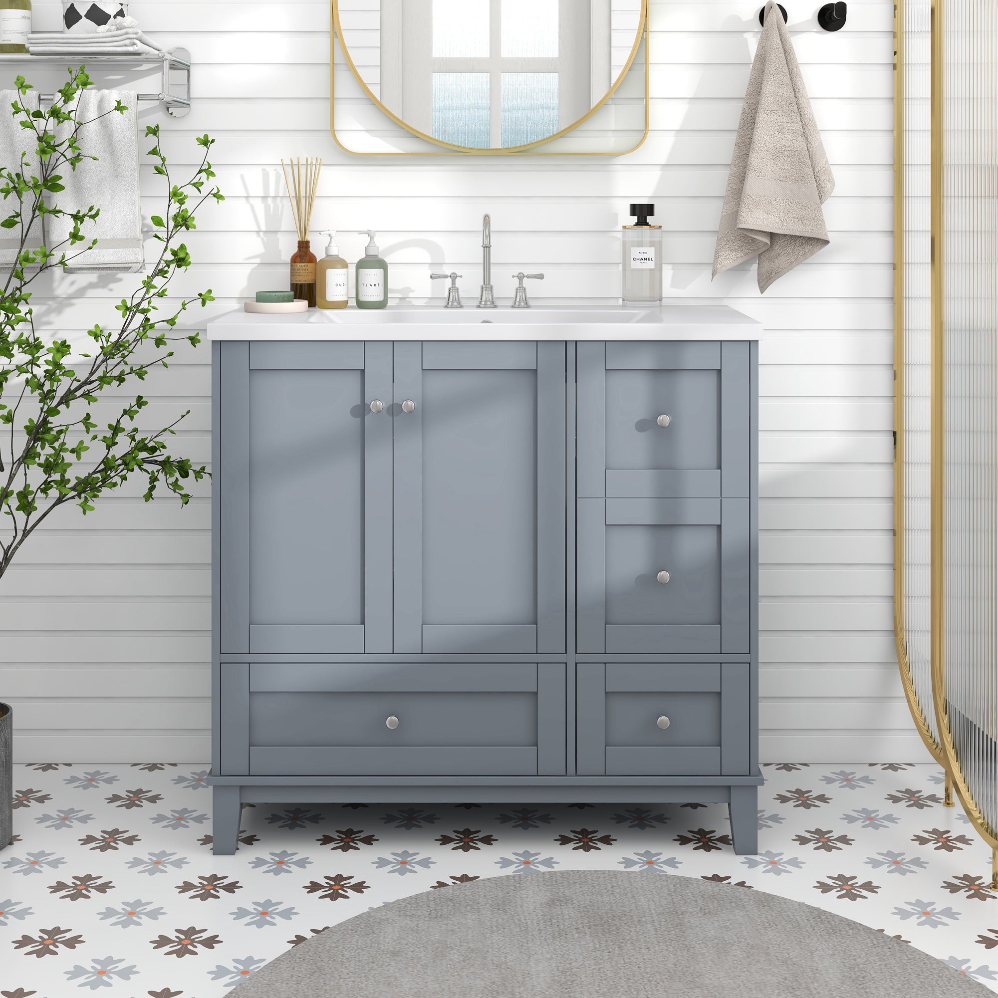 36 Inch Solid Wood Frame Freestanding Bathroom Vanity Set with Integrated Resin Sink
