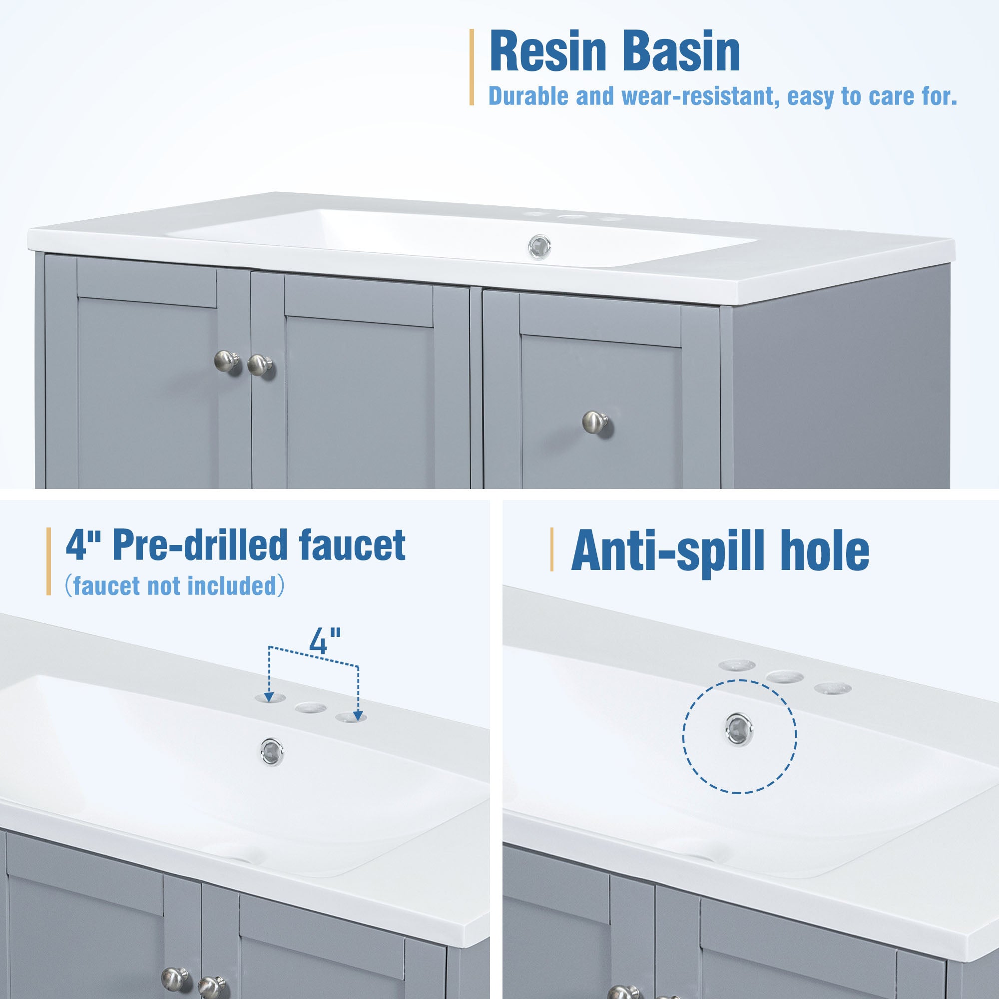36 Inch Solid Wood Frame Freestanding Bathroom Vanity Set with Integrated Resin Sink