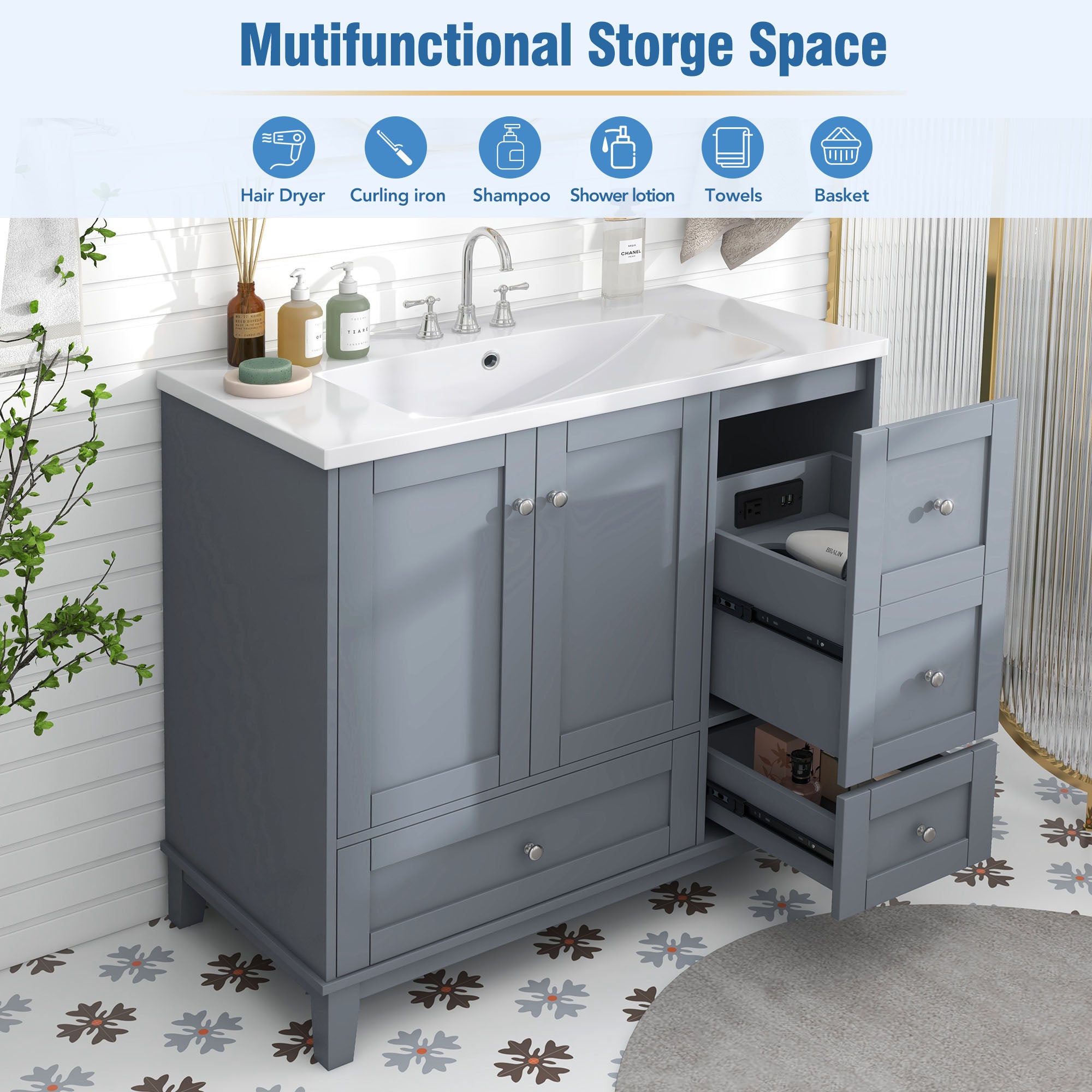 36 Inch Solid Wood Frame Freestanding Bathroom Vanity Set with Integrated Resin Sink