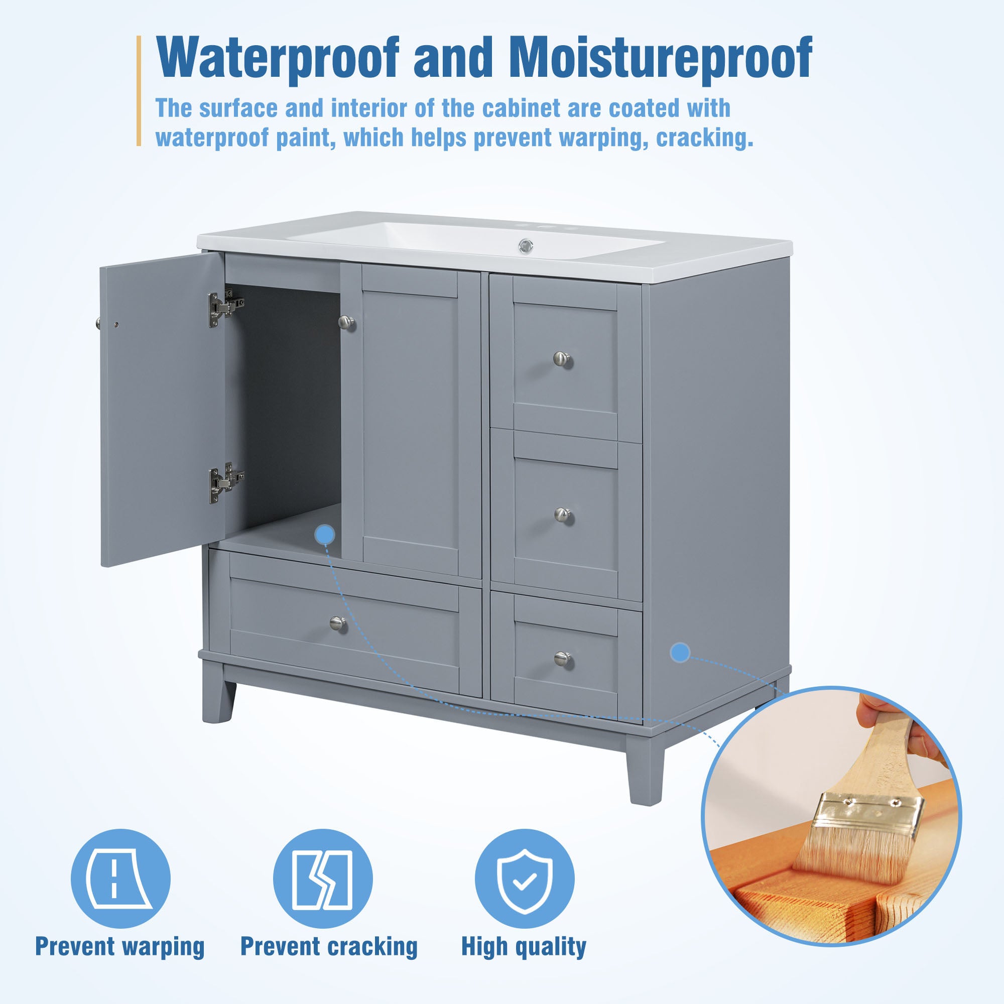 36 Inch Solid Wood Frame Freestanding Bathroom Vanity Set with Integrated Resin Sink