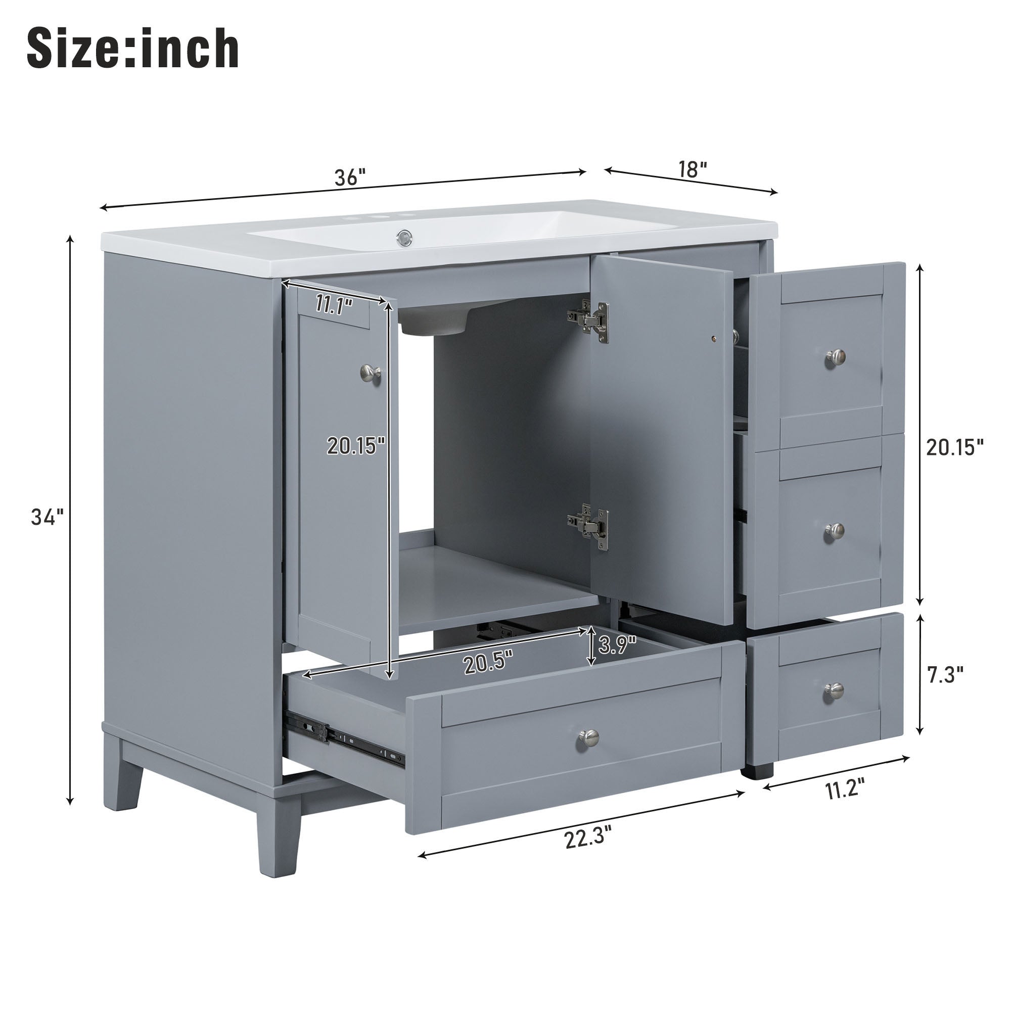 36 Inch Solid Wood Frame Freestanding Bathroom Vanity Set with Integrated Resin Sink