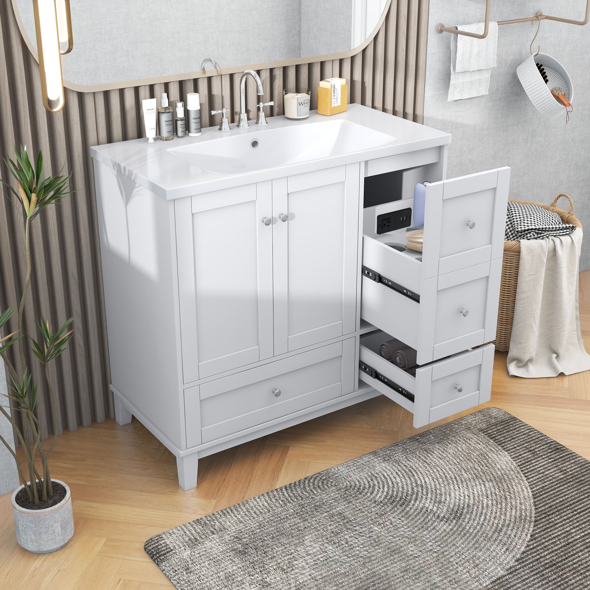 30 Inch MDF Freestanding Bathroom Vanity Set in Black with Integrated Resin Sink