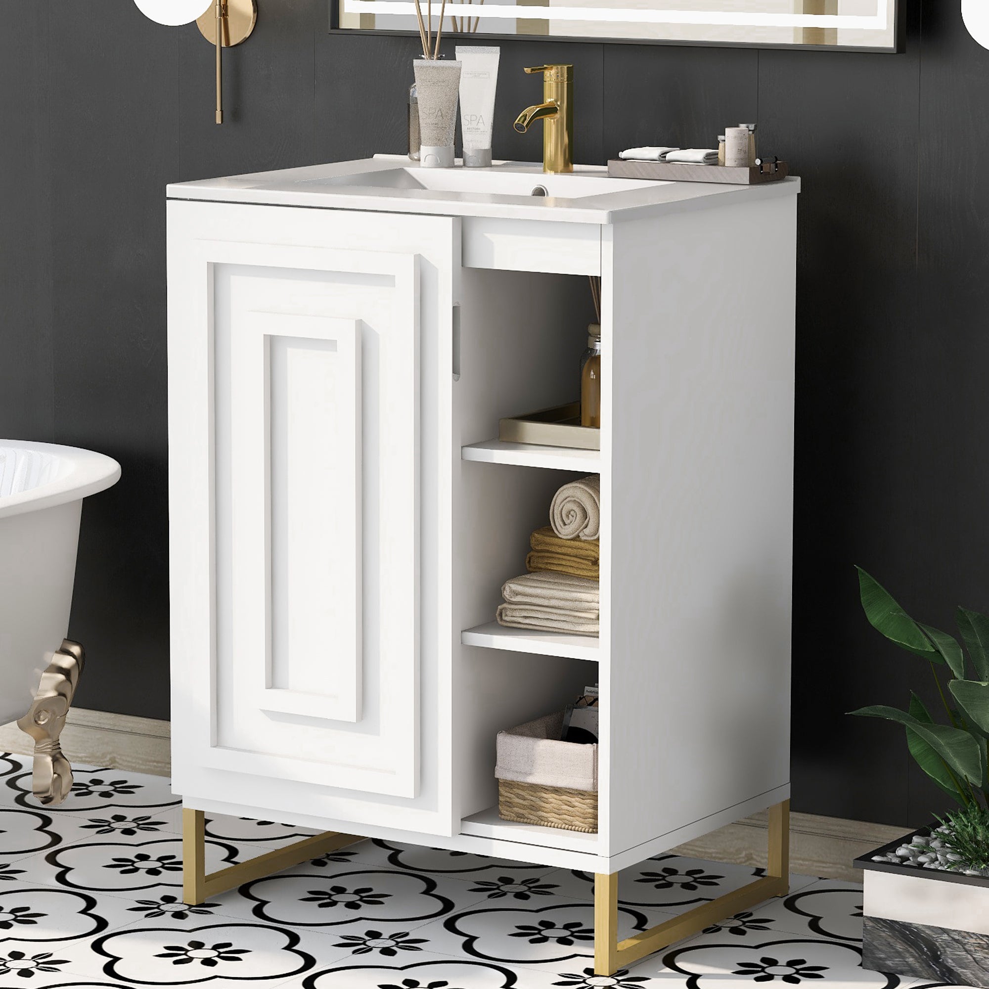 24 Inch MDF Freestanding Bathroom Vanity Set with Integrated Ceramic Sink