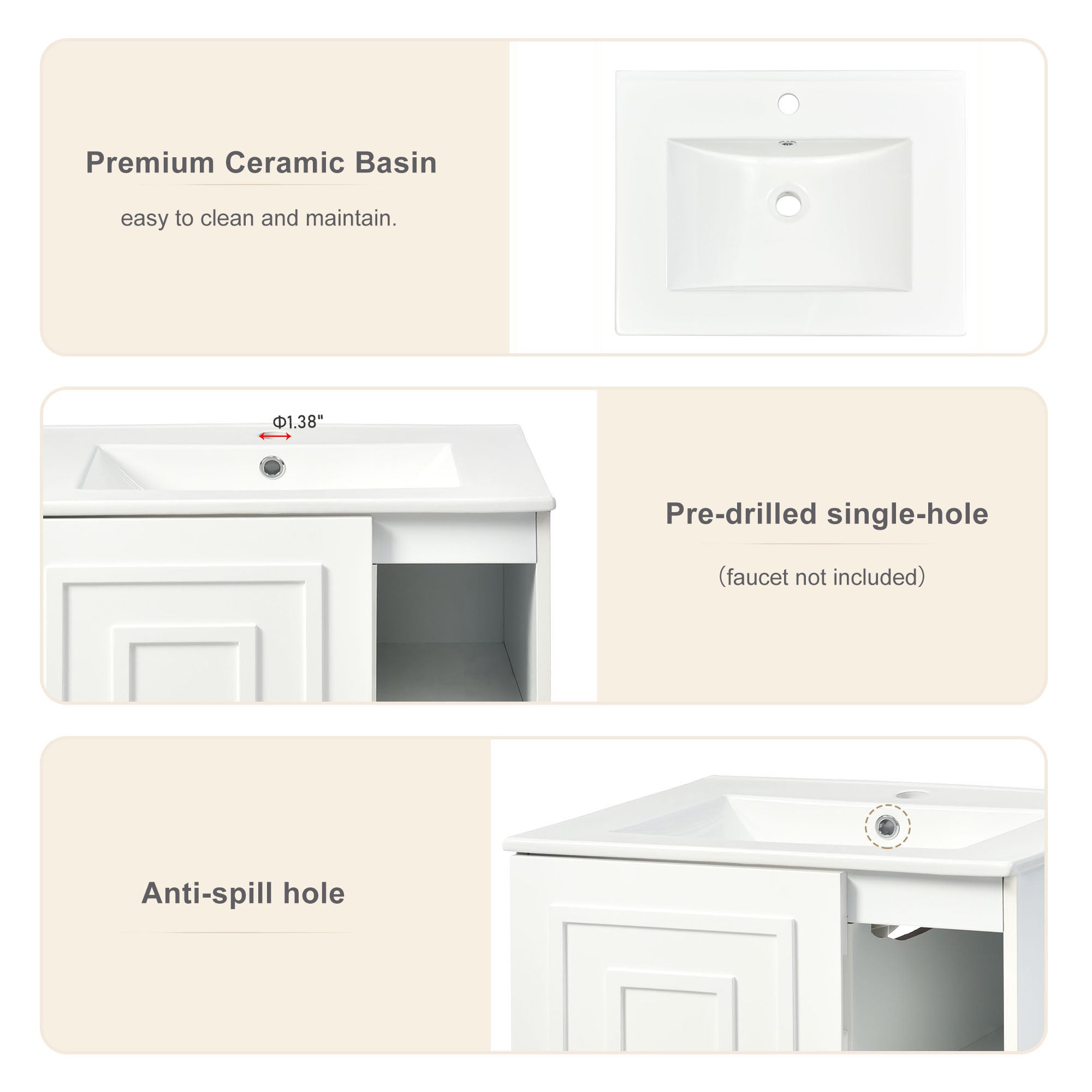 24 Inch MDF Freestanding Bathroom Vanity Set with Integrated Ceramic Sink