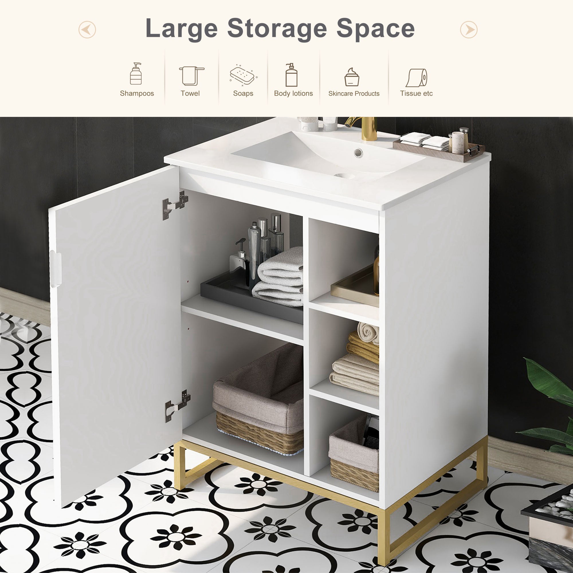 24 Inch MDF Freestanding Bathroom Vanity Set with Integrated Ceramic Sink