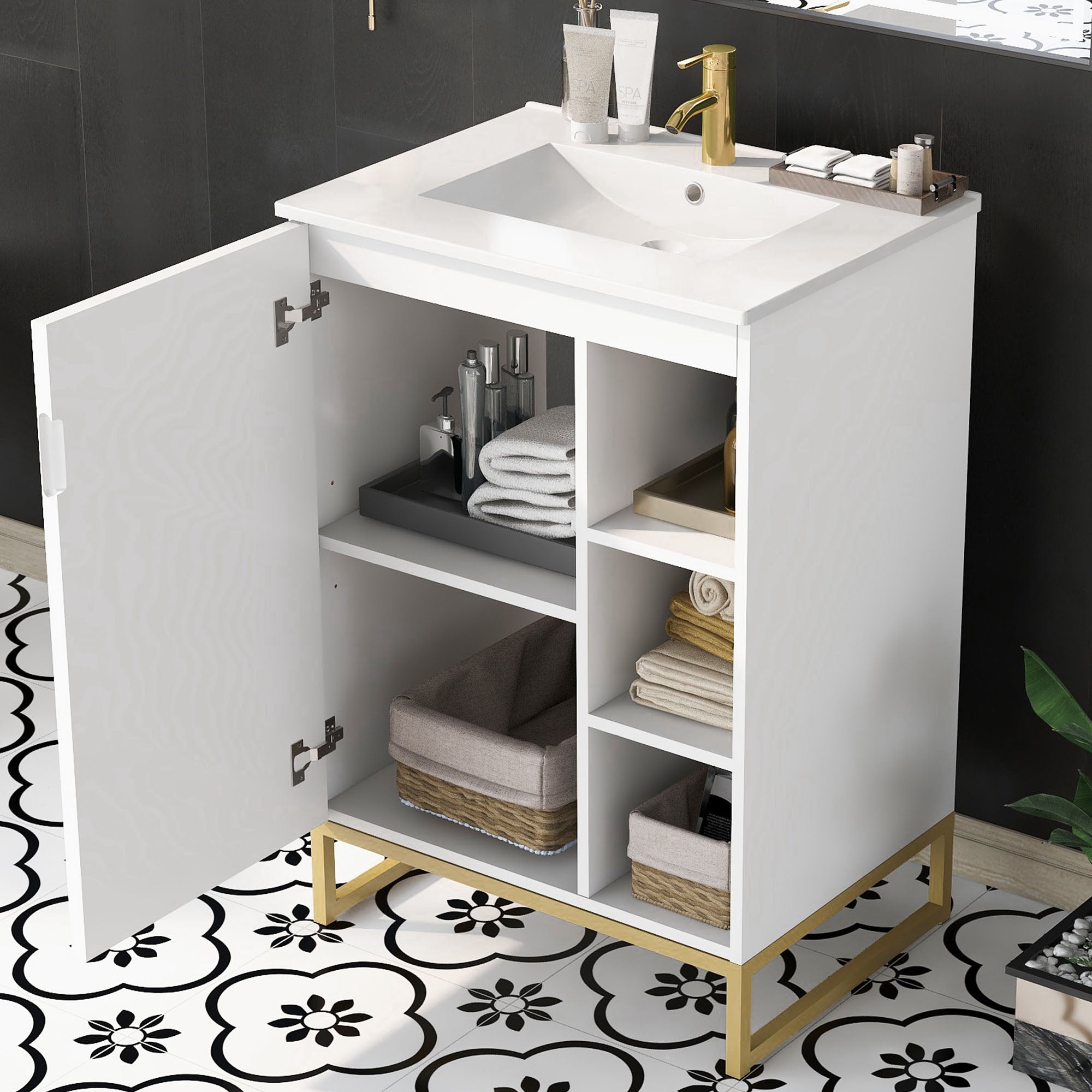 24 Inch MDF Freestanding Bathroom Vanity Set with Integrated Ceramic Sink
