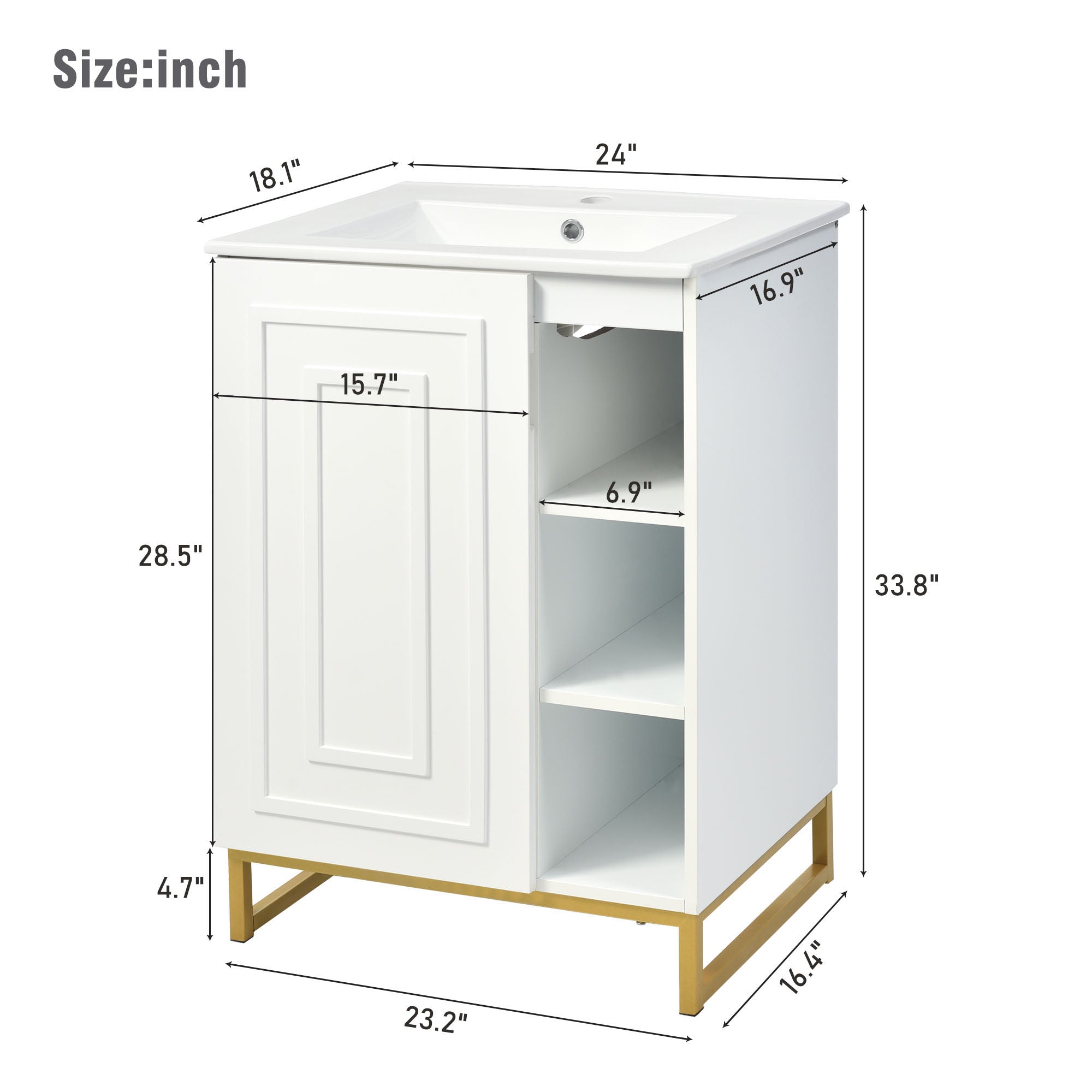 24 Inch MDF Freestanding Bathroom Vanity Set with Integrated Ceramic Sink