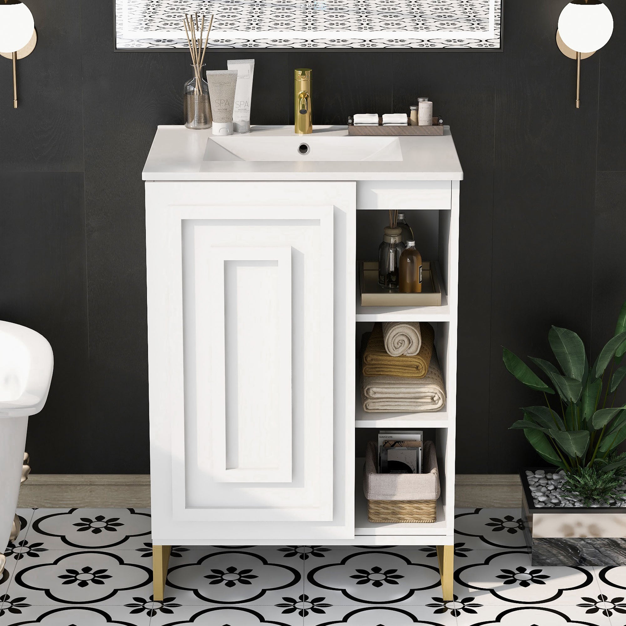 24 Inch MDF Freestanding Bathroom Vanity Set with Integrated Ceramic Sink