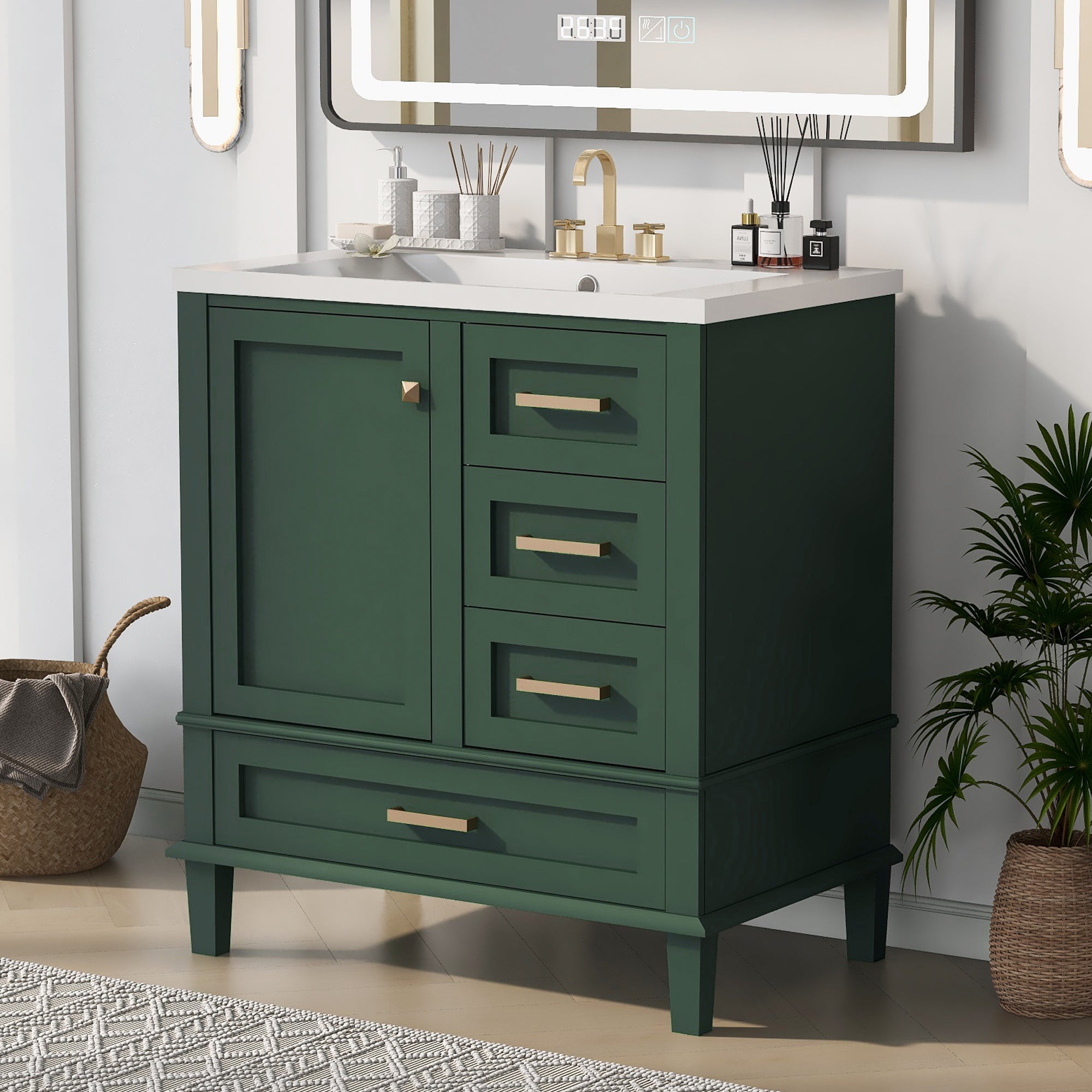 30 Inch Solid Wood Frame Freestanding Bathroom Vanity Set with Integrated Resin Sink