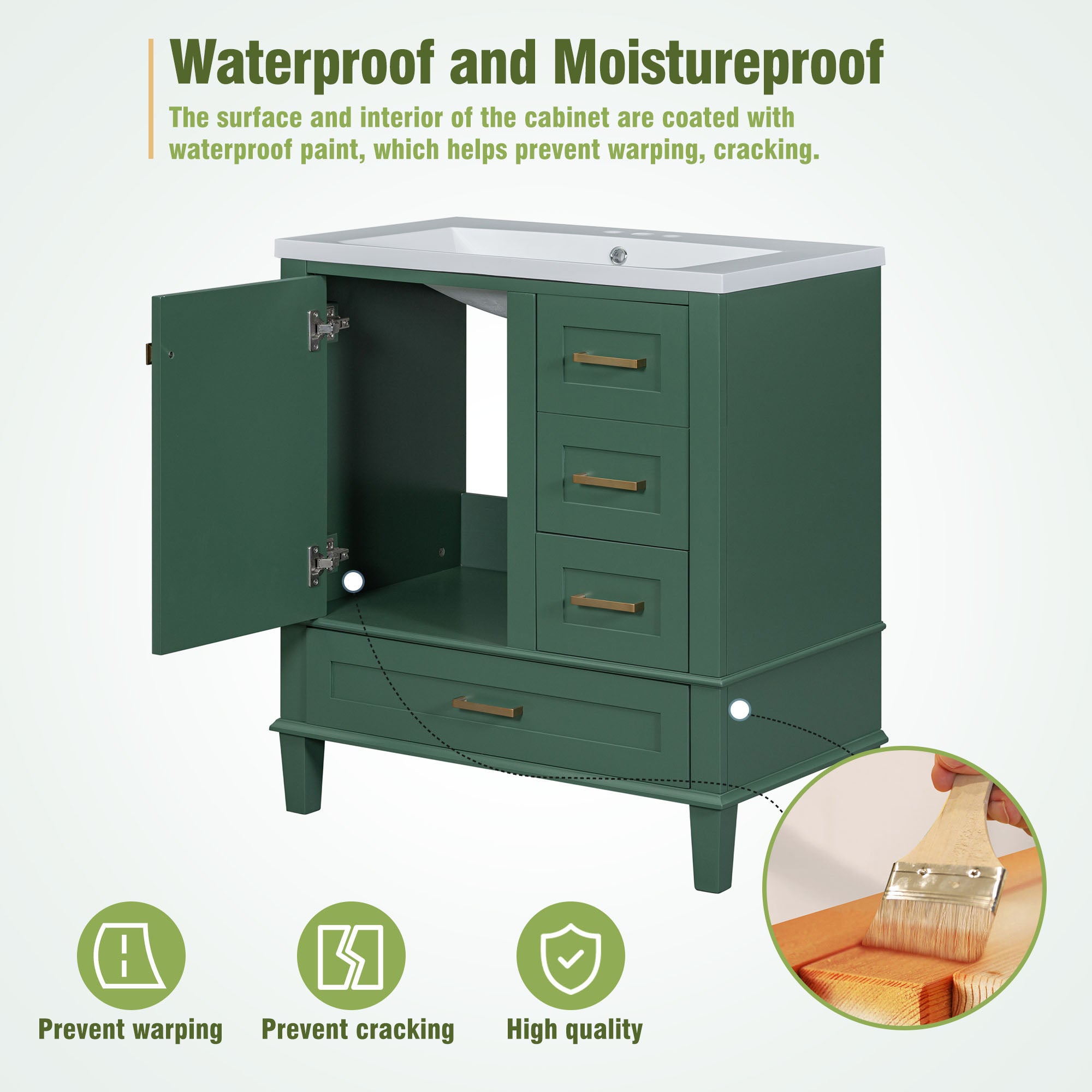 30 Inch Solid Wood Frame Freestanding Bathroom Vanity Set with Integrated Resin Sink