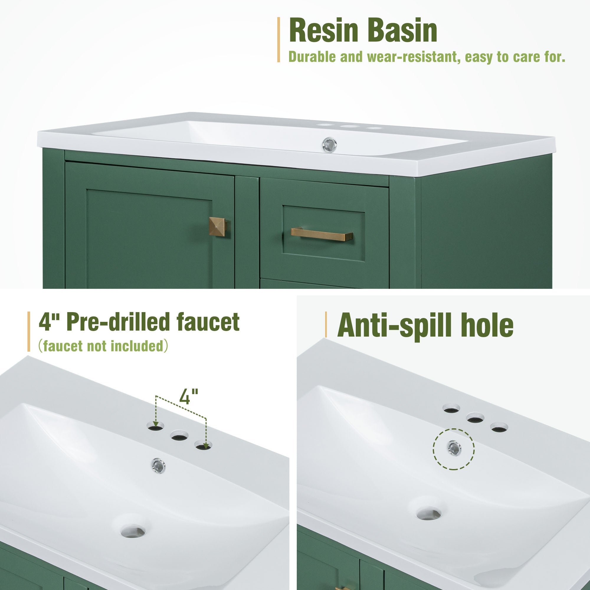 30 Inch Solid Wood Frame Freestanding Bathroom Vanity Set with Integrated Resin Sink