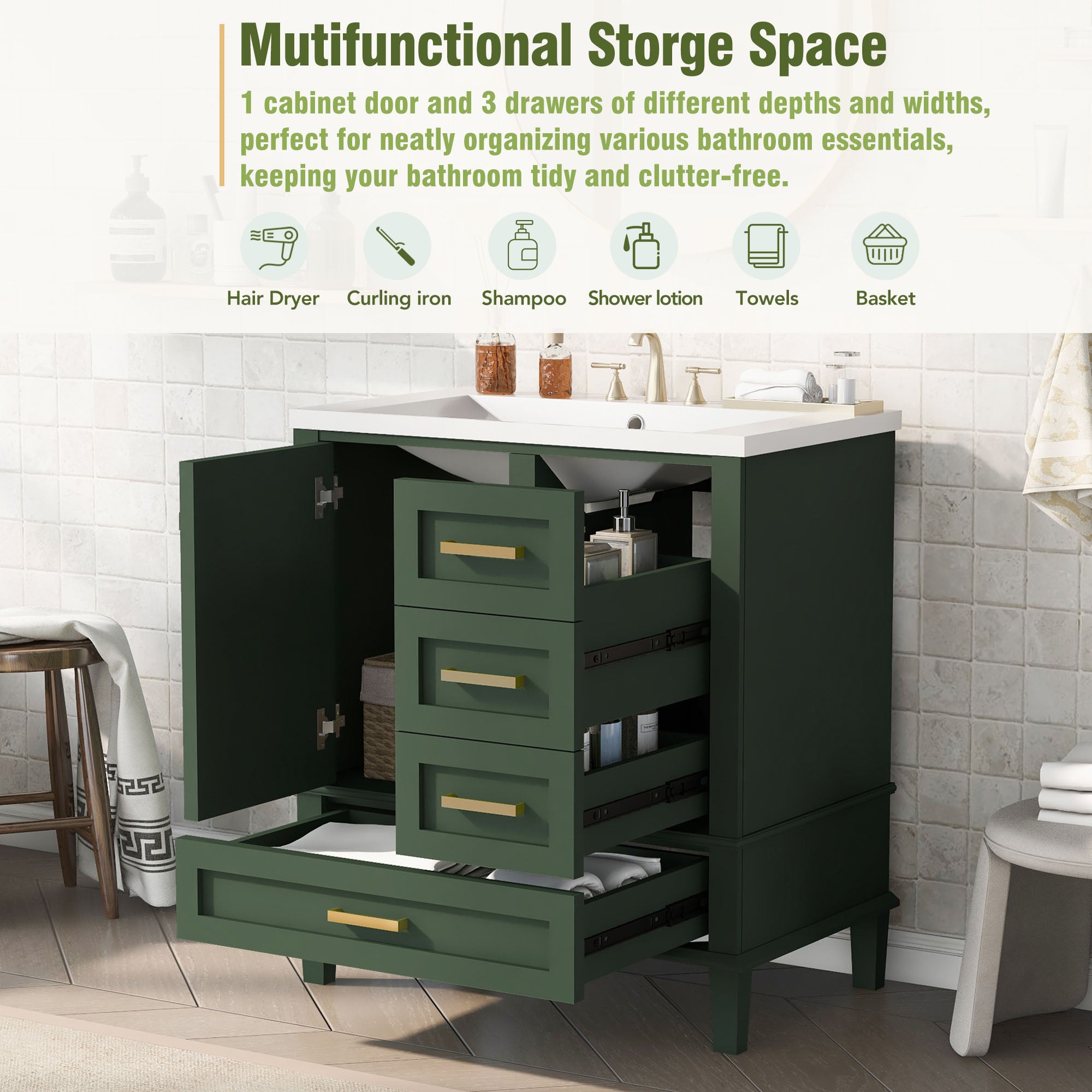 30 Inch Solid Wood Frame Freestanding Bathroom Vanity Set with Integrated Resin Sink