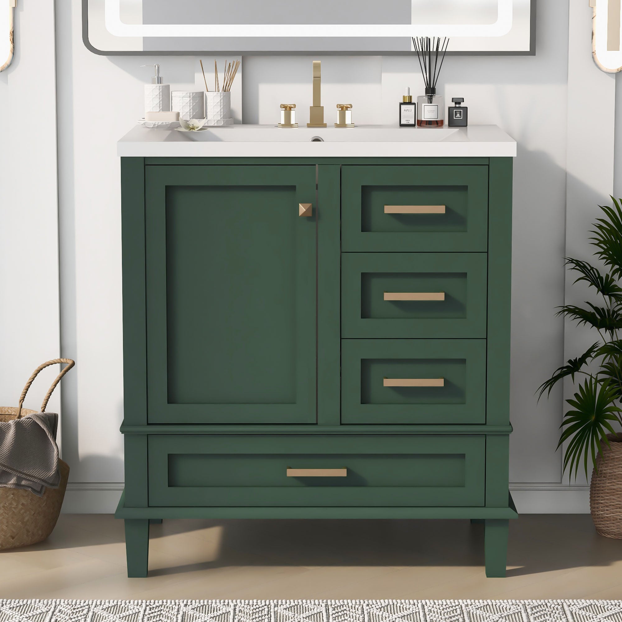 30 Inch Solid Wood Frame Freestanding Bathroom Vanity Set with Integrated Resin Sink