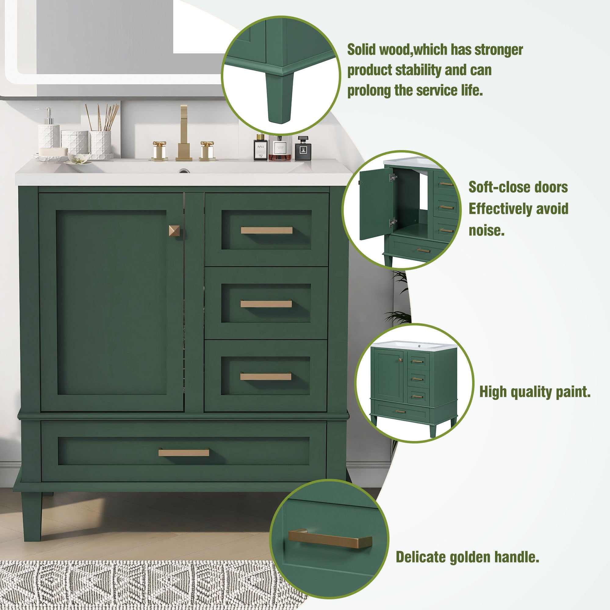 30 Inch Solid Wood Frame Freestanding Bathroom Vanity Set with Integrated Resin Sink