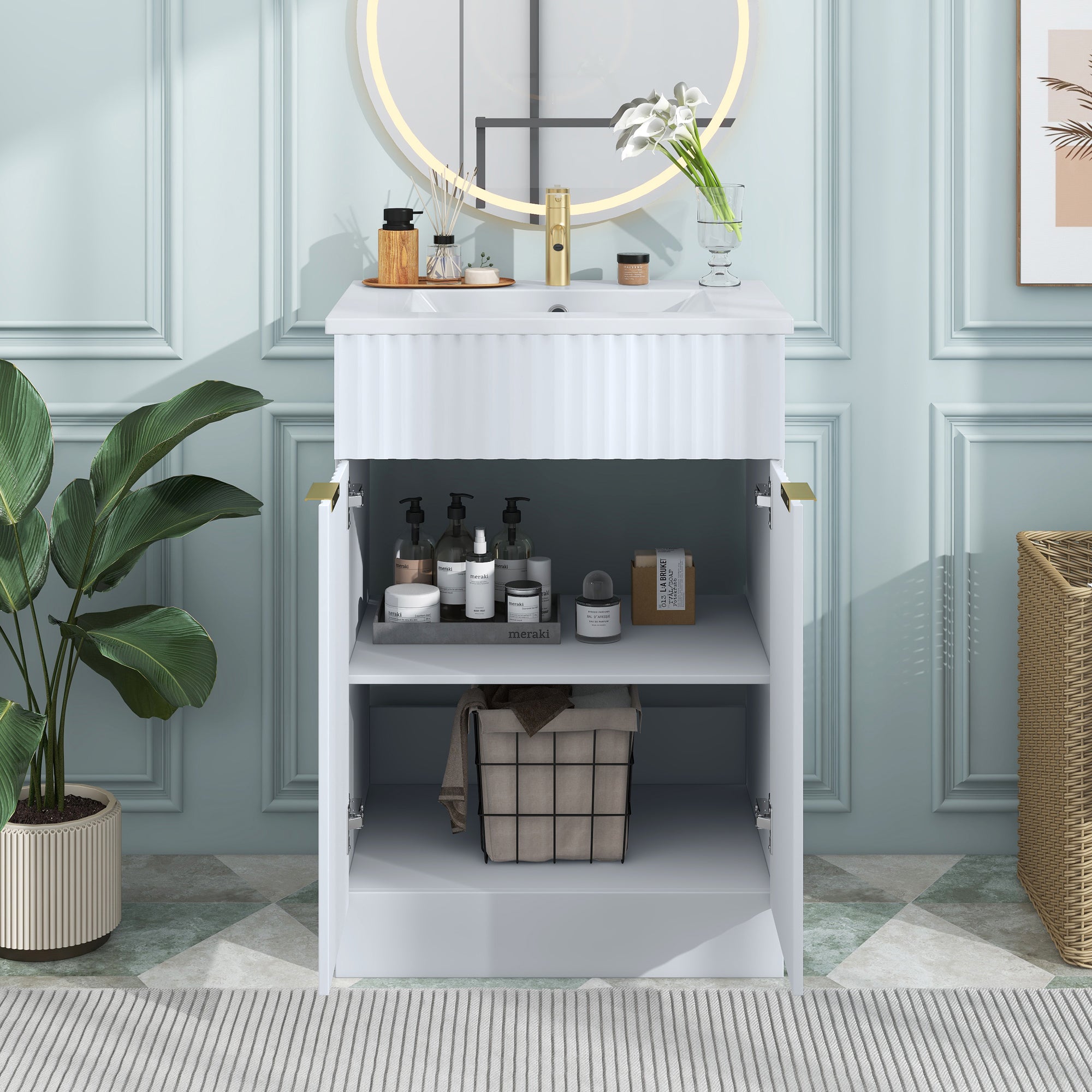 24 Inch MDF Freestanding Bathroom Vanity Set with Integrated Ceramic Sink